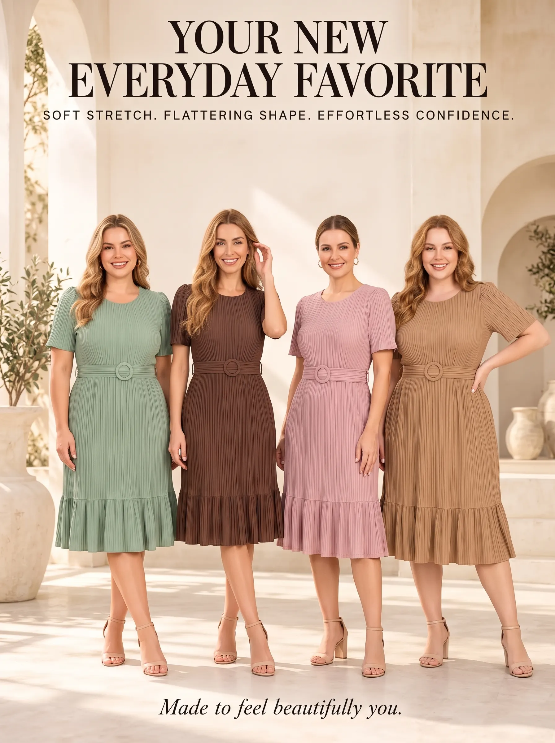Everyday Pleated Belted Midi Dress
