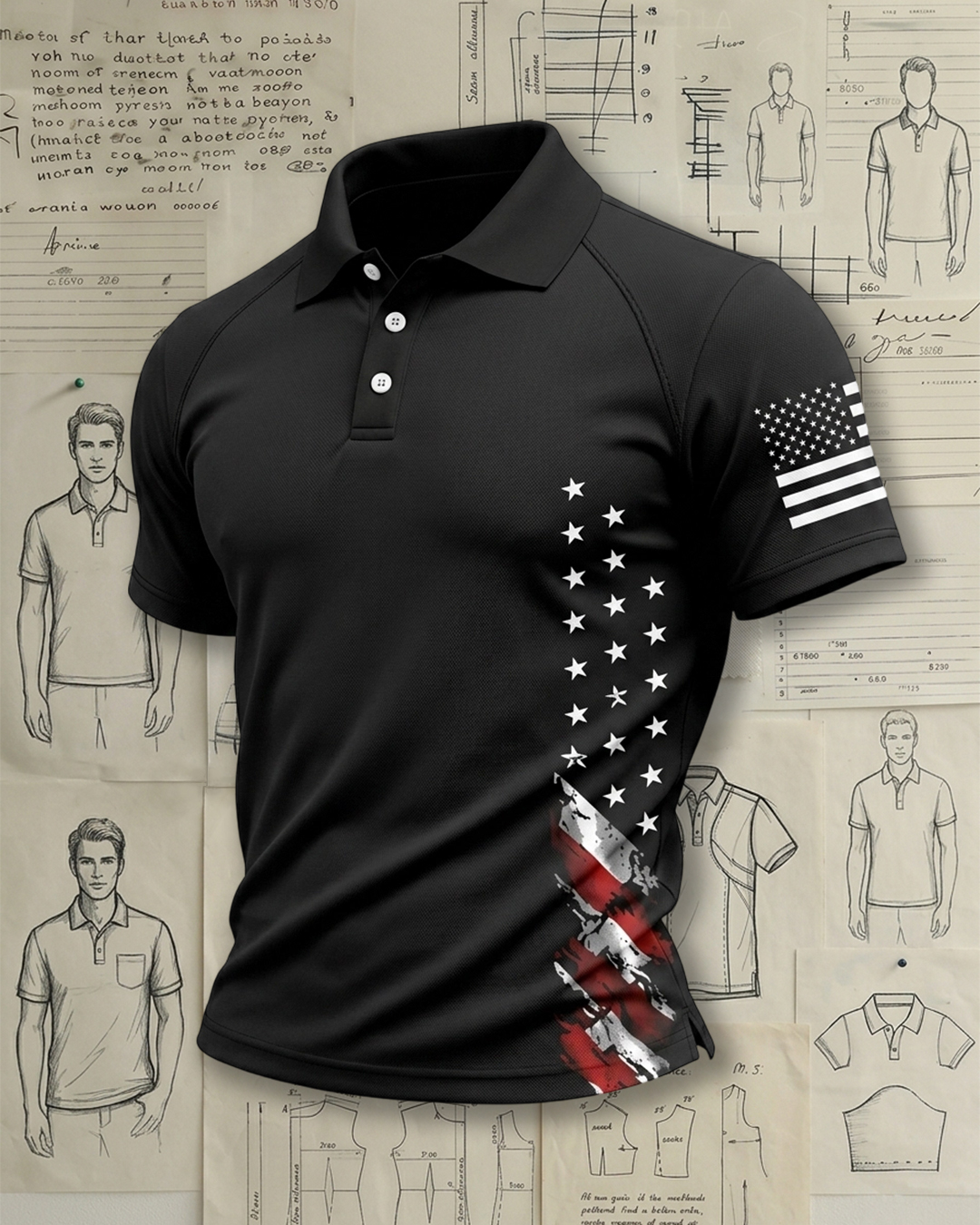 Men's Black Red‑Stripe White‑Star Casual Polo Shirt