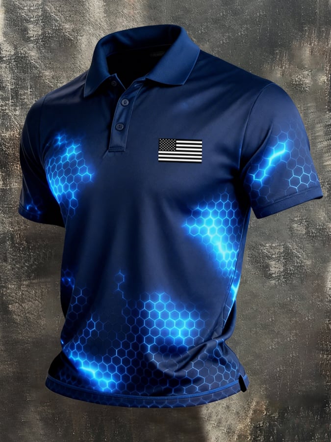 Men's Retro Patriot Color Block Polo Collar Short Sleeve