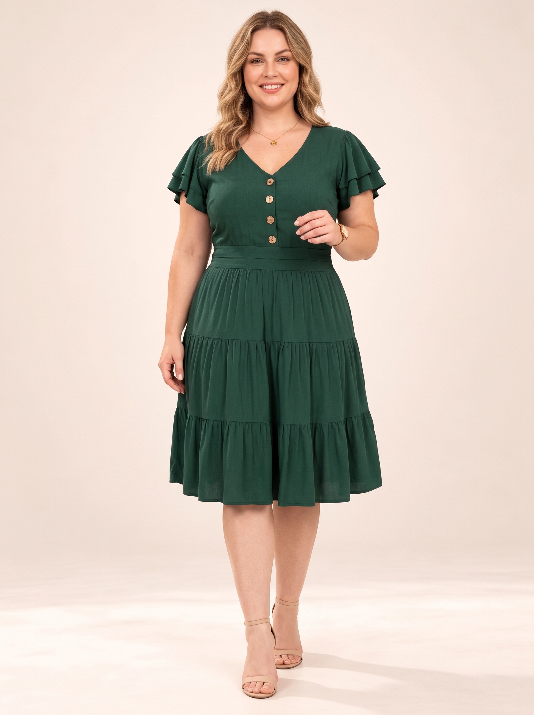Everyday Button-Front Tiered Midi Dress