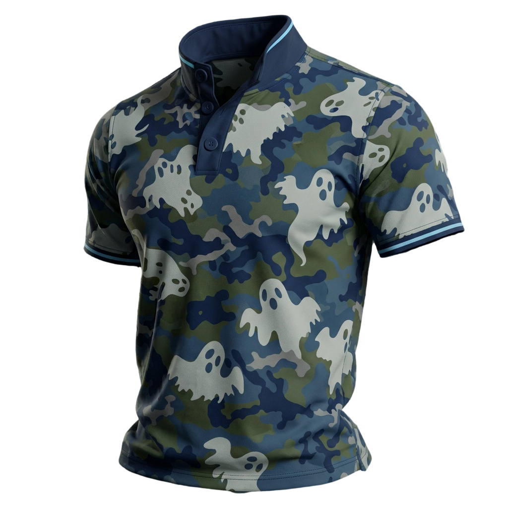 Camo Ghost Print Stand Collar Men’s Polo