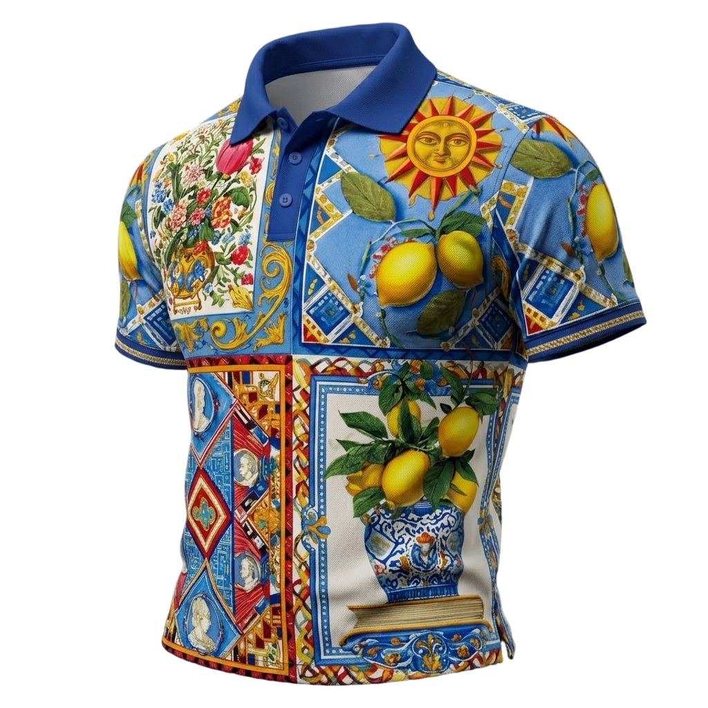 Men’s Vintage Sun & Lemon Pattern Collared Polo