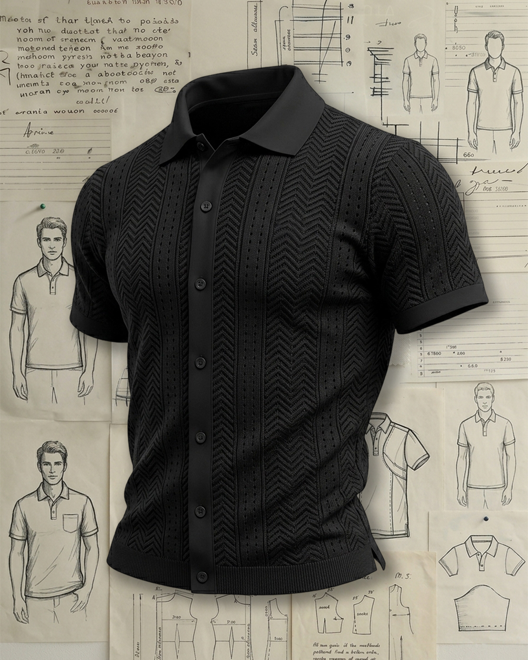 Men's Black Diagonal Diamond‑Textured Knit Casual Polo Shirt