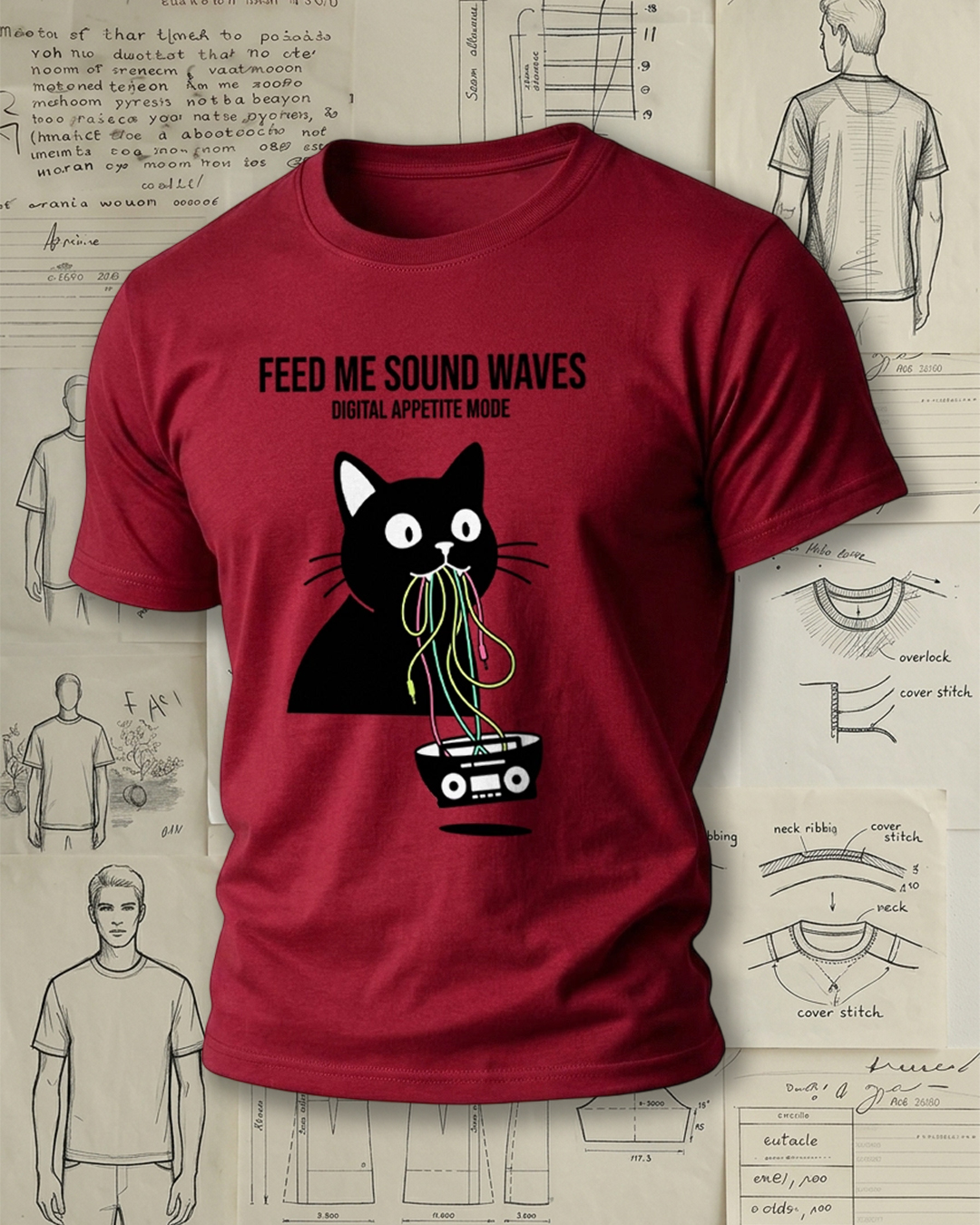 Black Cat Eating Radio Print Retro Cool Unisex T-Shirt