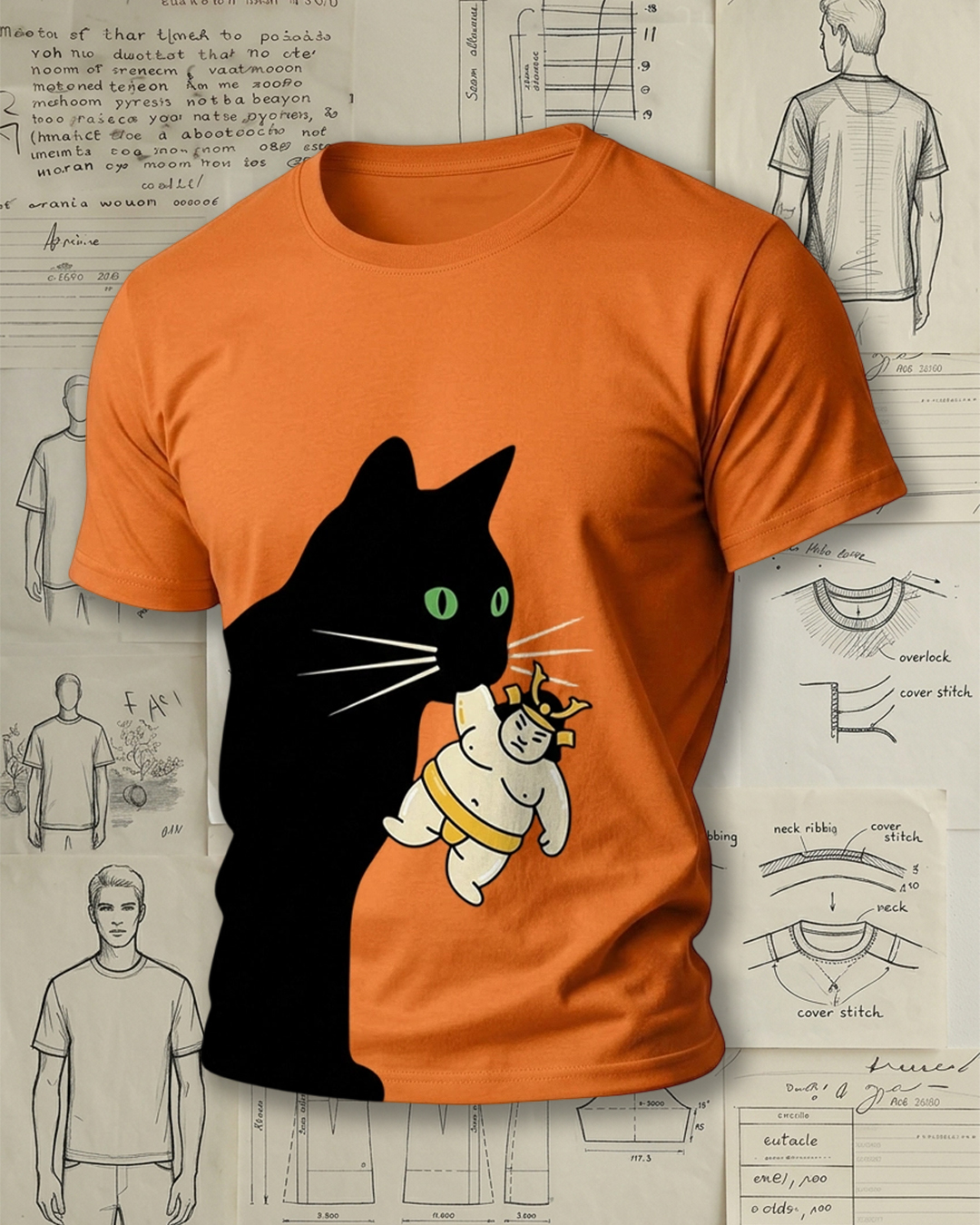 Black Cat Holding Sumo Wrestler Print Retro Funny Unisex T-Shirt