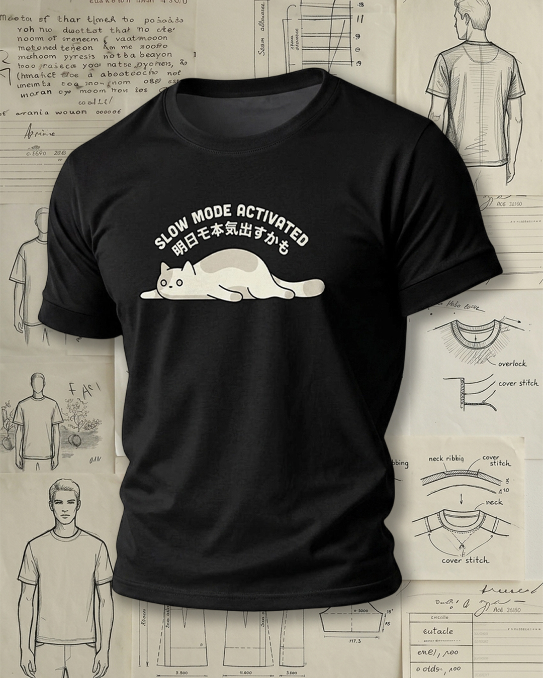 Lying Cat with Bilingual Print Retro Lazy Unisex T-Shirt