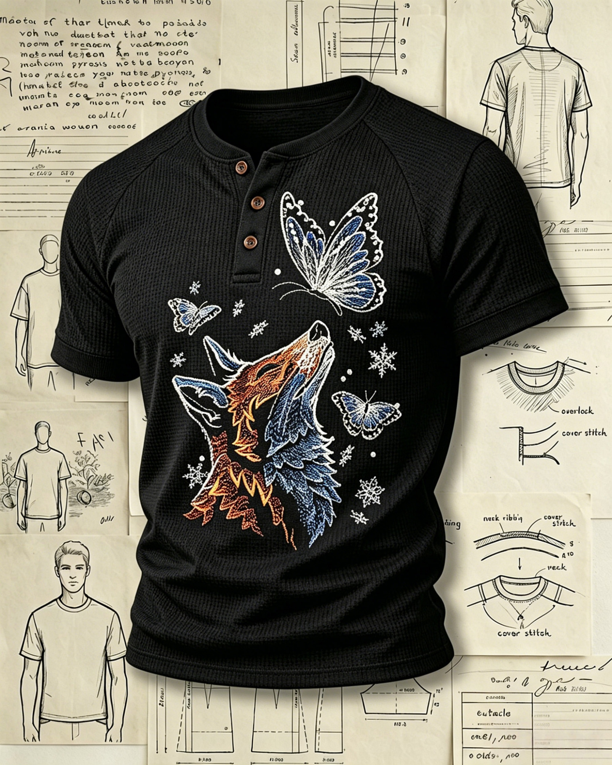 Wolf and Butterflies Embroidered Pattern Polo Shirts