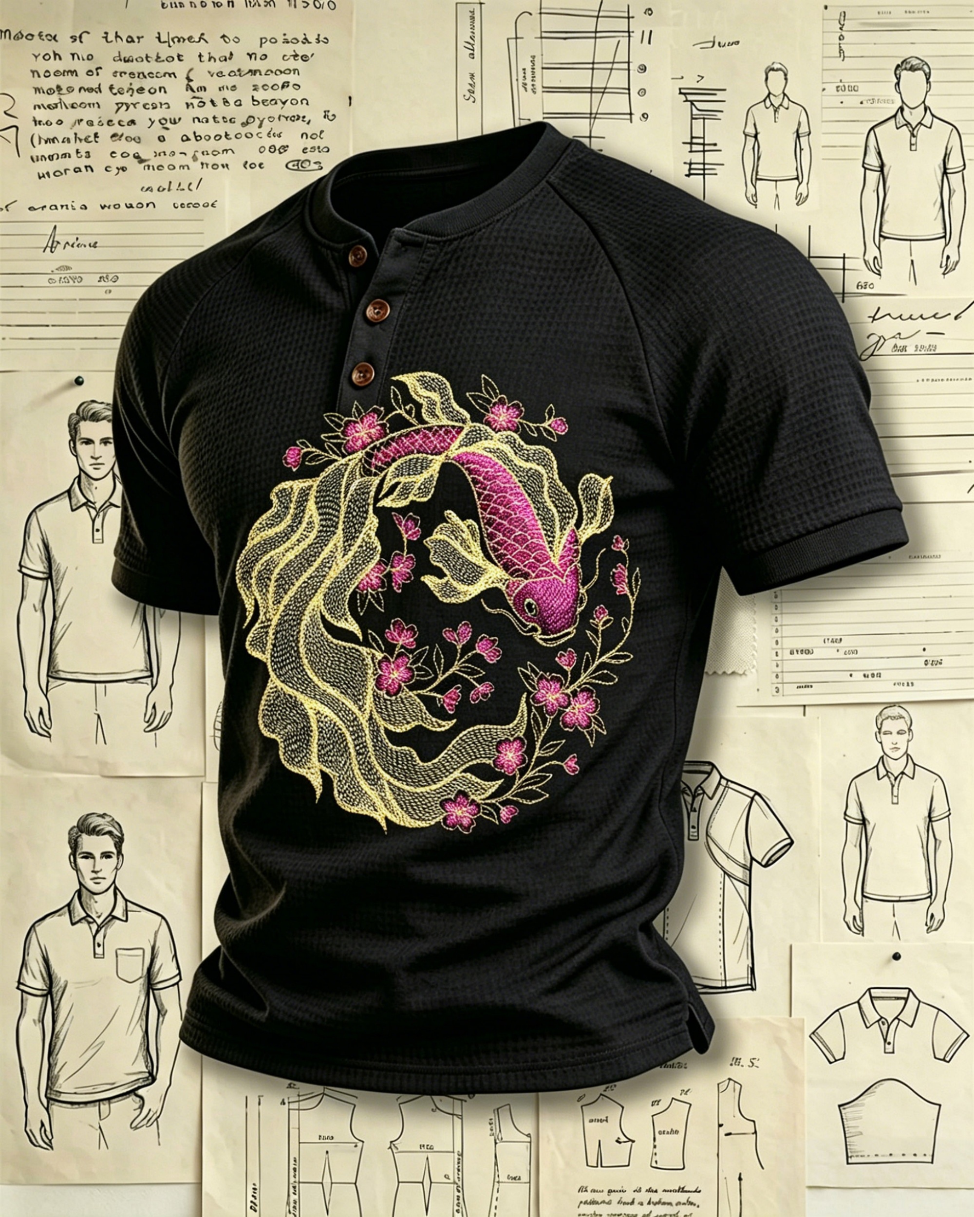 Koi Fish and Cherry Blossoms Embroidered Pattern Polo Shirts 