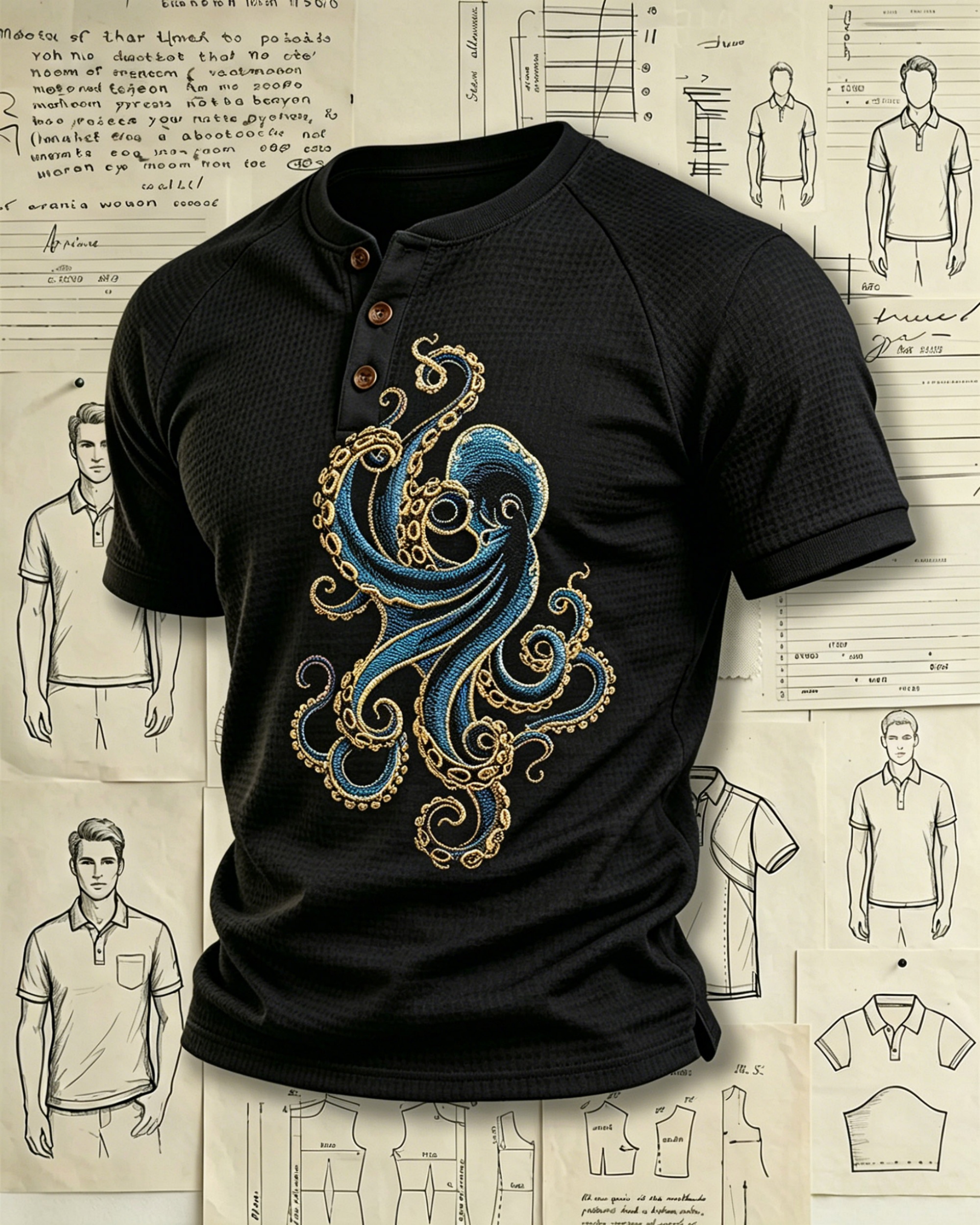 Blue and Gold Octopus Embroidered Pattern Polo Shirts 