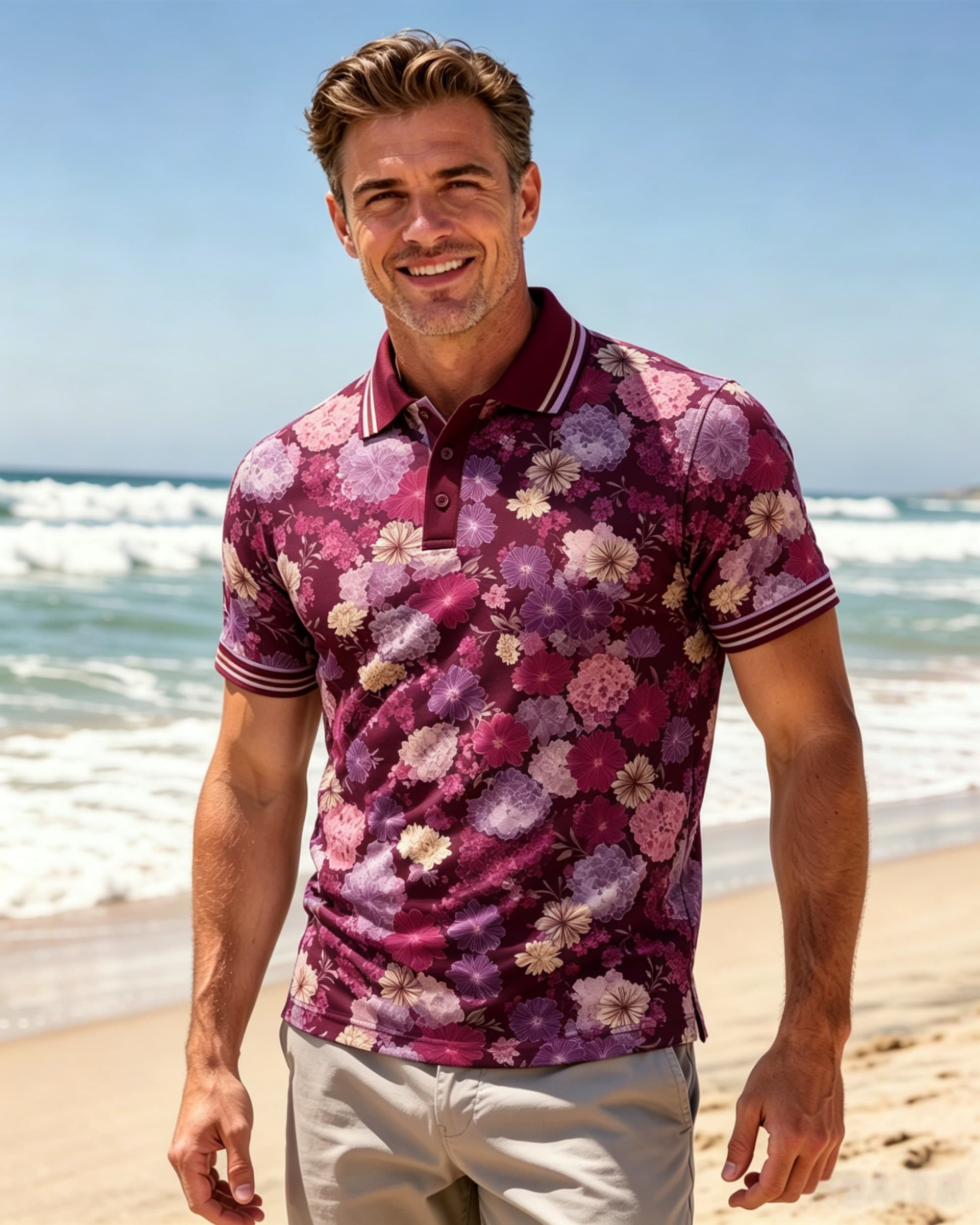 Romantic Burgundy Floral Pattern Men’s Polo