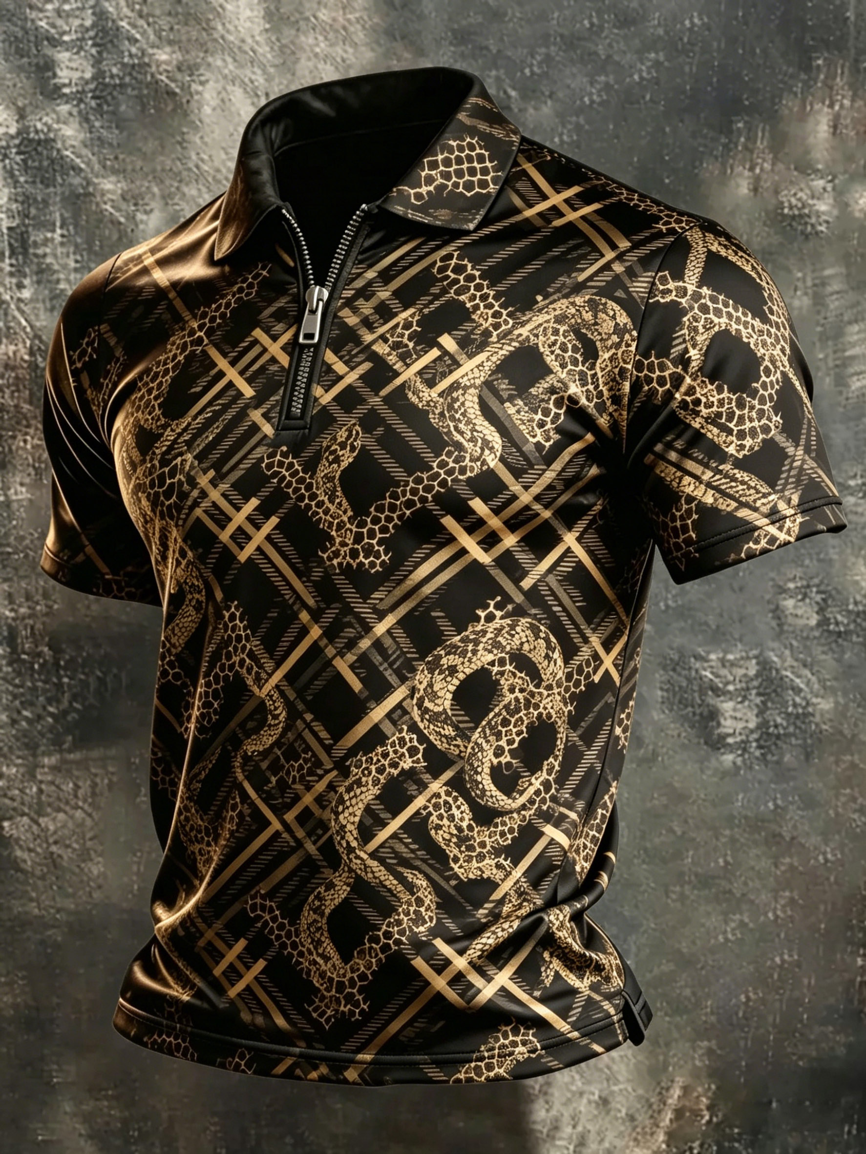 Men's Gold Snake Print Quarter-Zip Polo