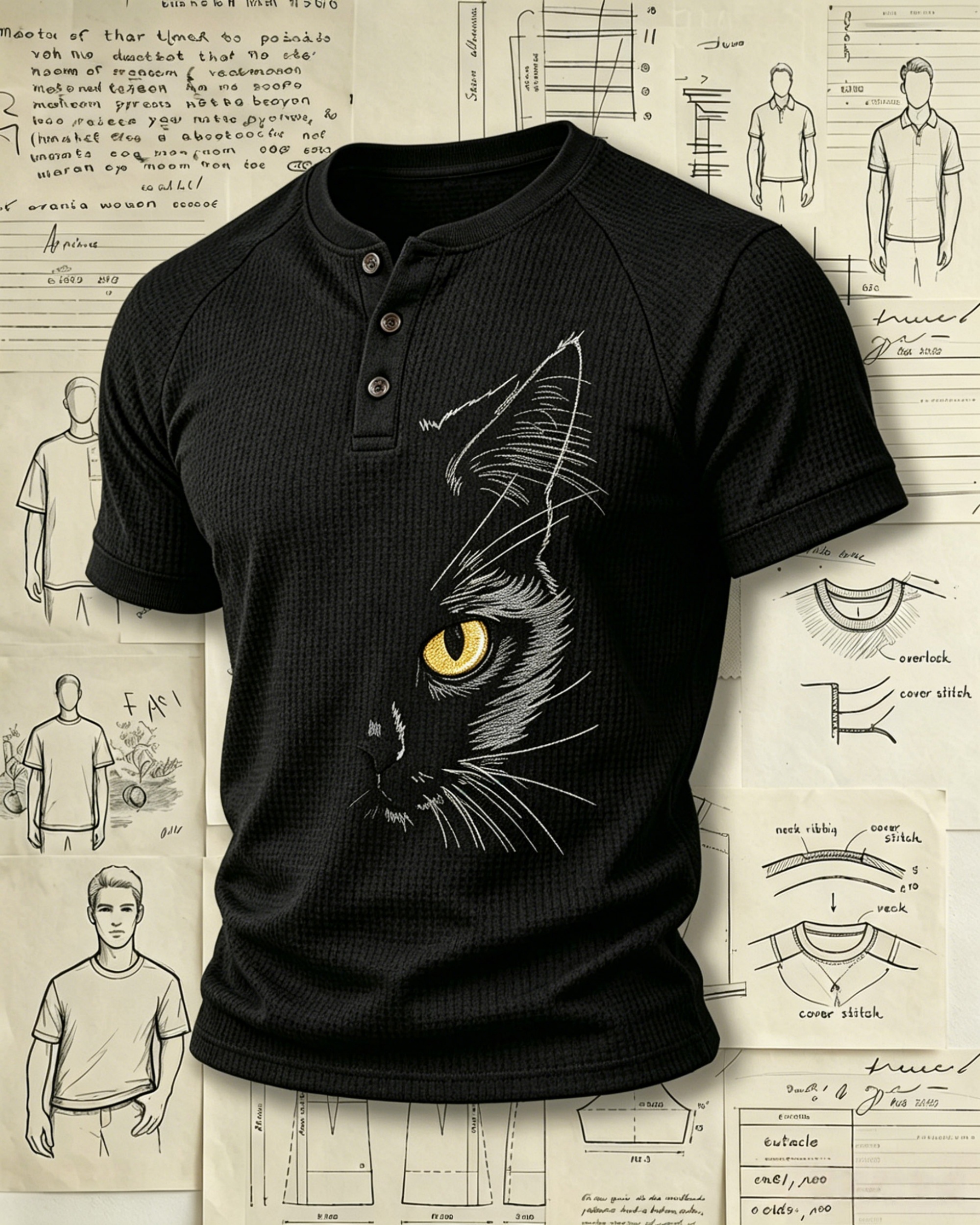 Black Cat Eye Portrait Embroidered Pattern Polo Shirts