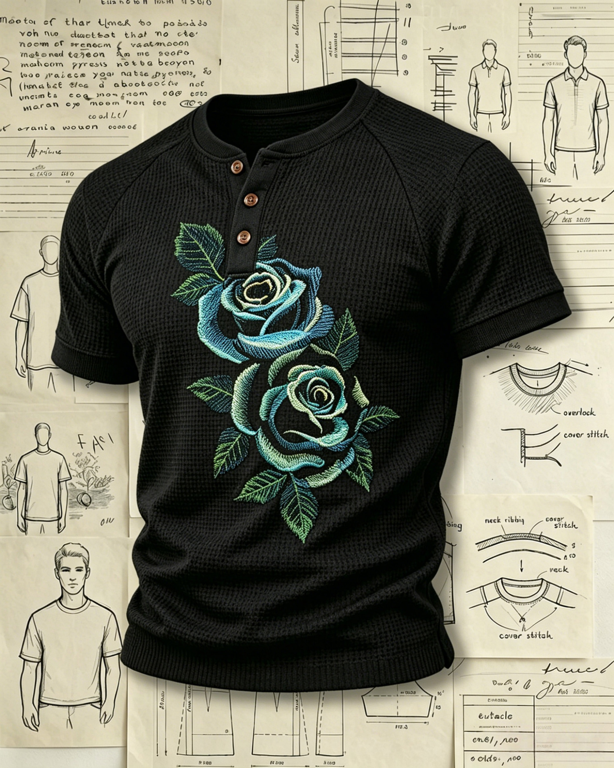 Blue Rose Floral Embroidered Pattern Polo Shirts