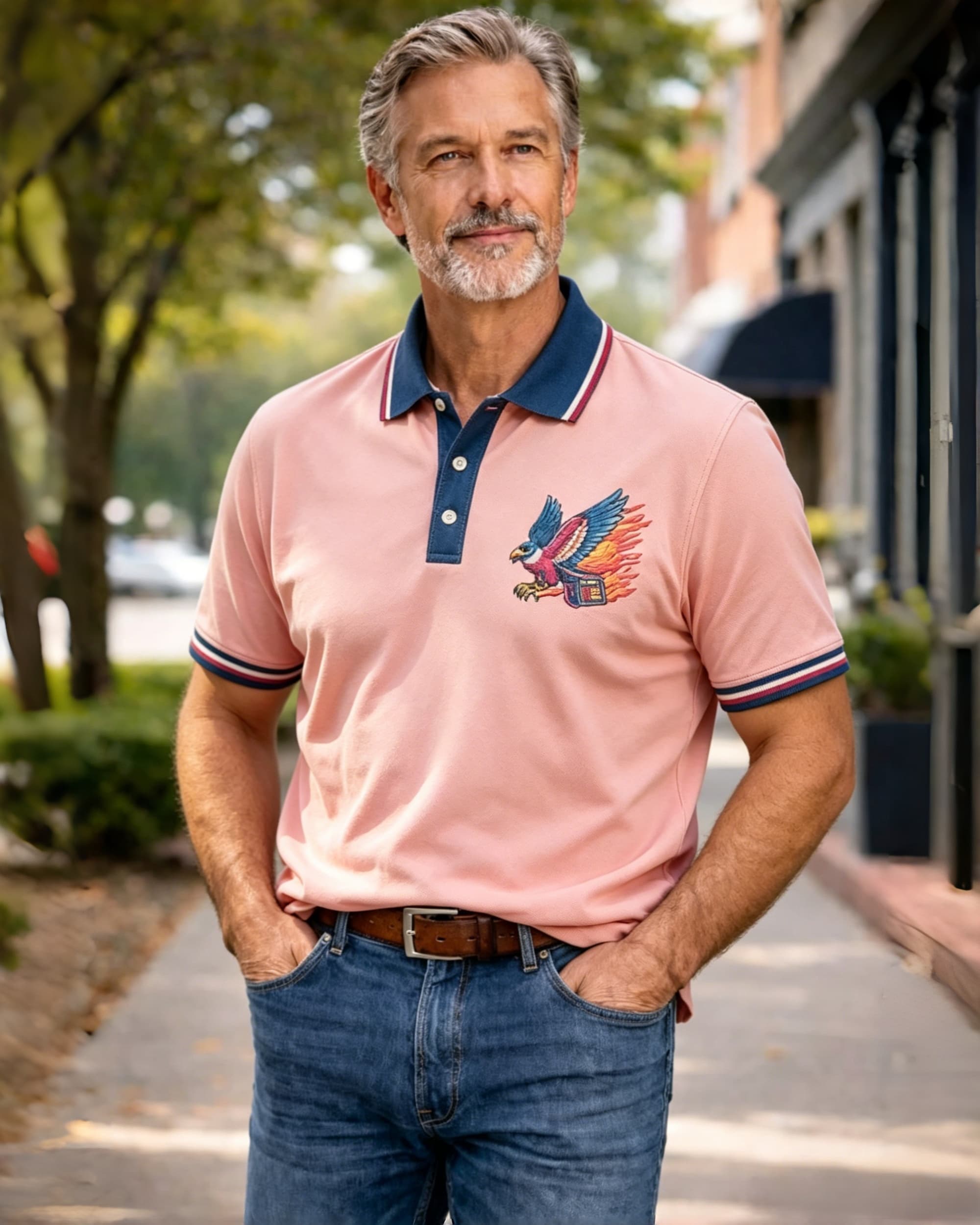 Retro Eagle Fire Graphic Pink Polo Shirt