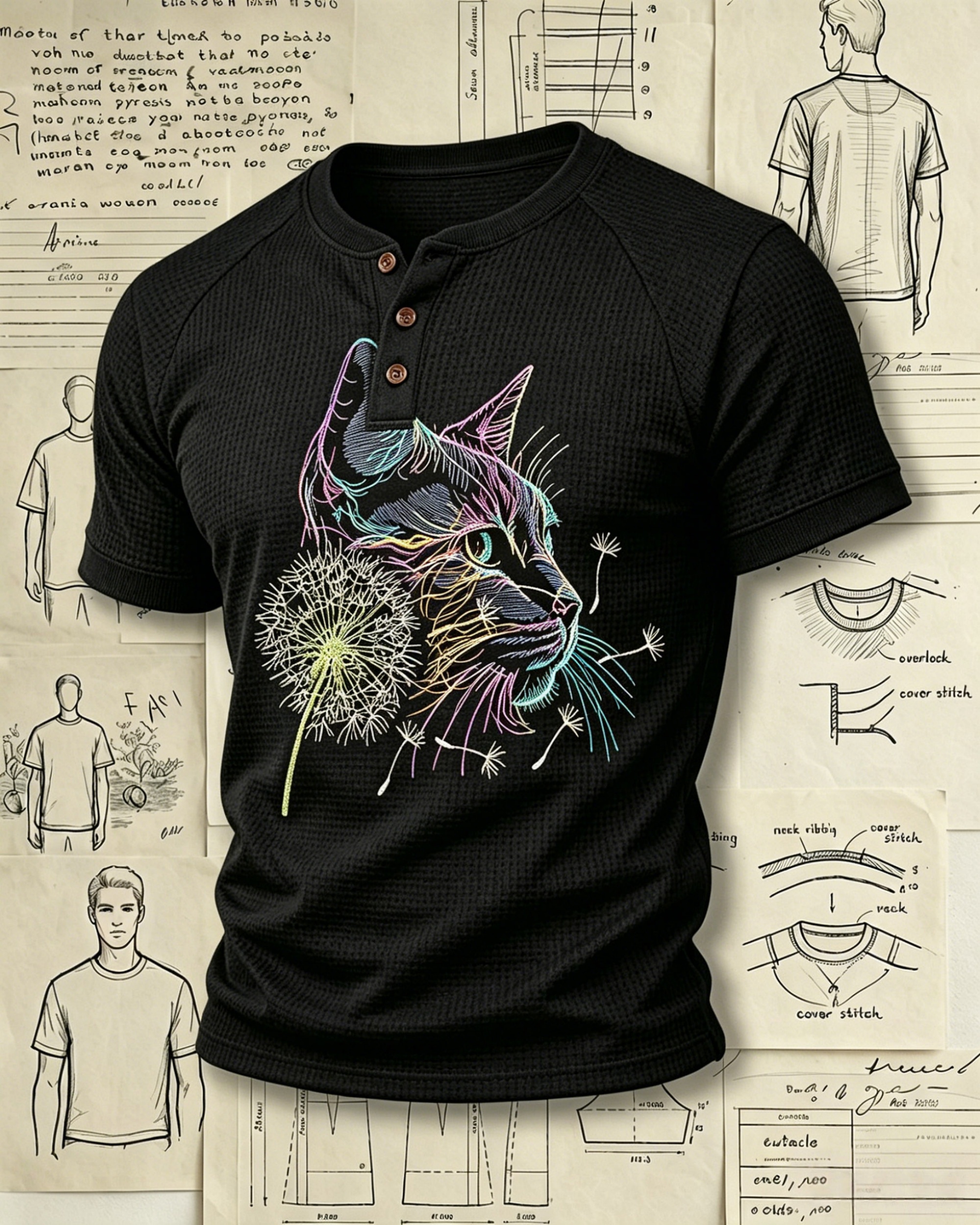 Colorful Cat & Dandelion Embroidered Pattern Polo Shirts