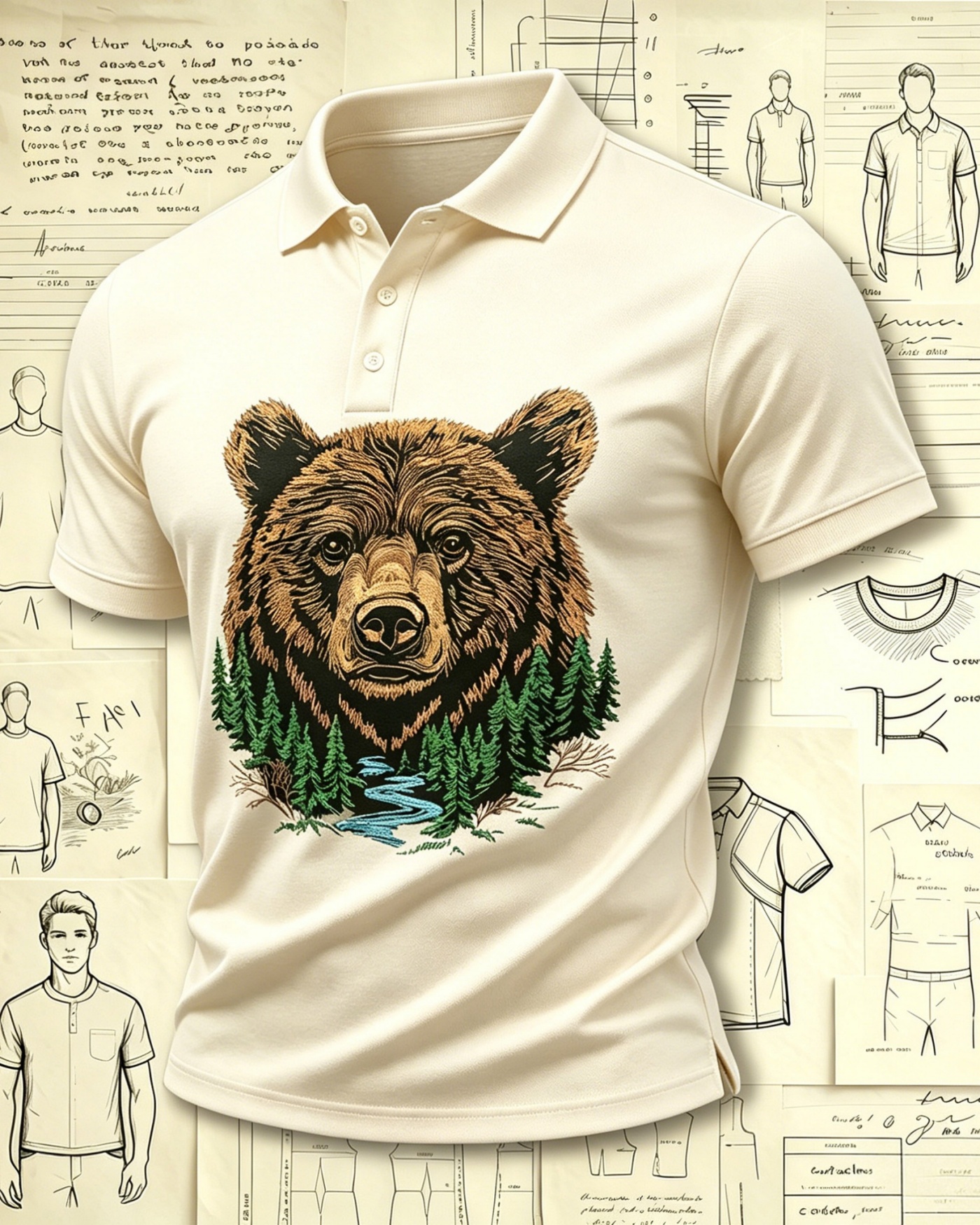 Northwoods Grizzly Bear Embroidered Pattern Polo Shirts
