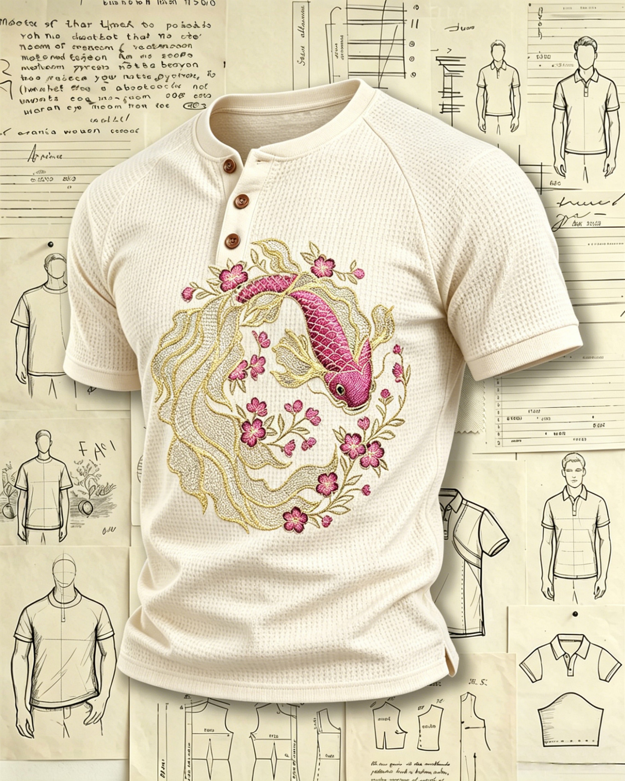 Koi Fish and Cherry Blossoms Embroidered Pattern Polo Shirts 