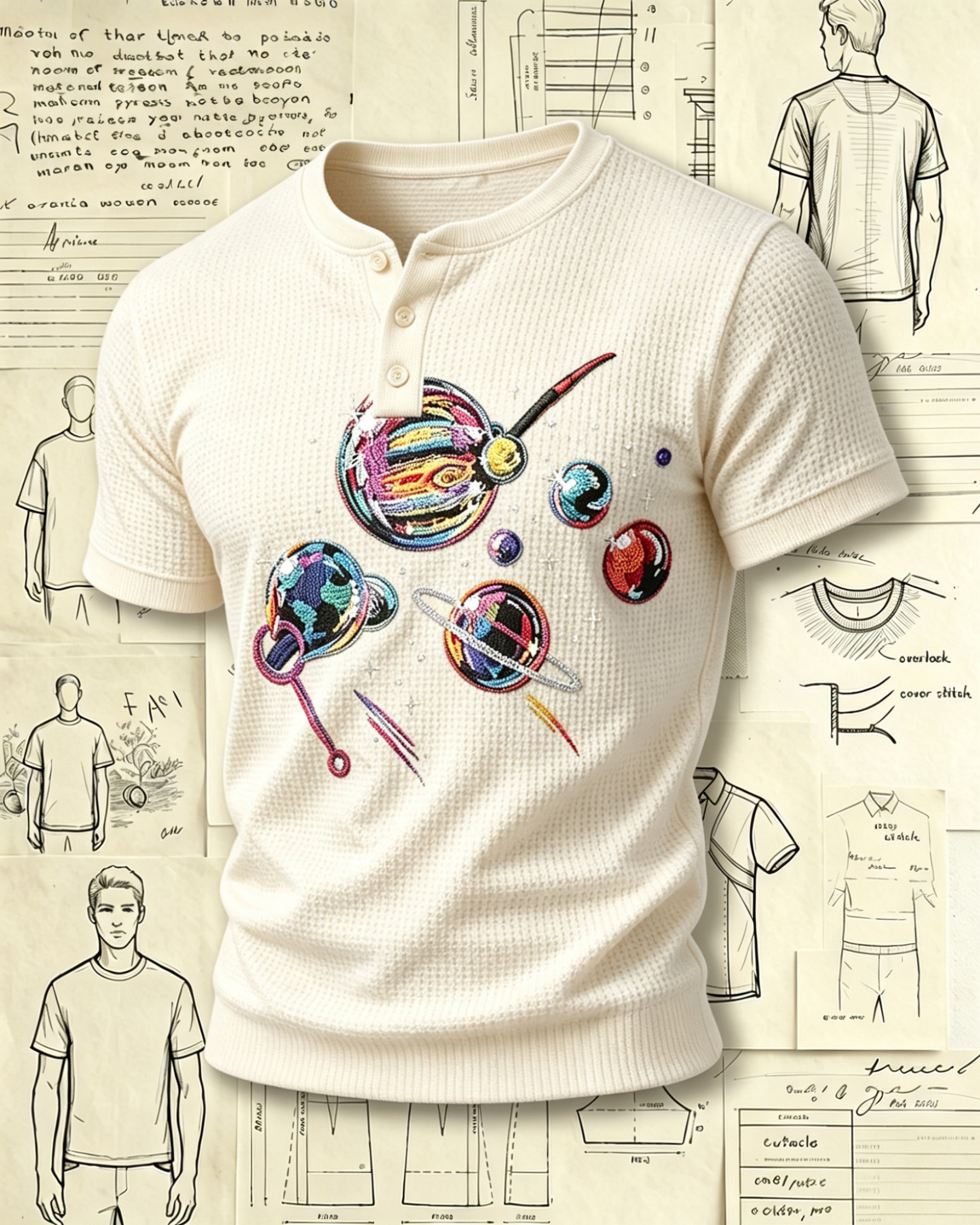 Cosmic Planets Embroidered Pattern Polo Shirts 