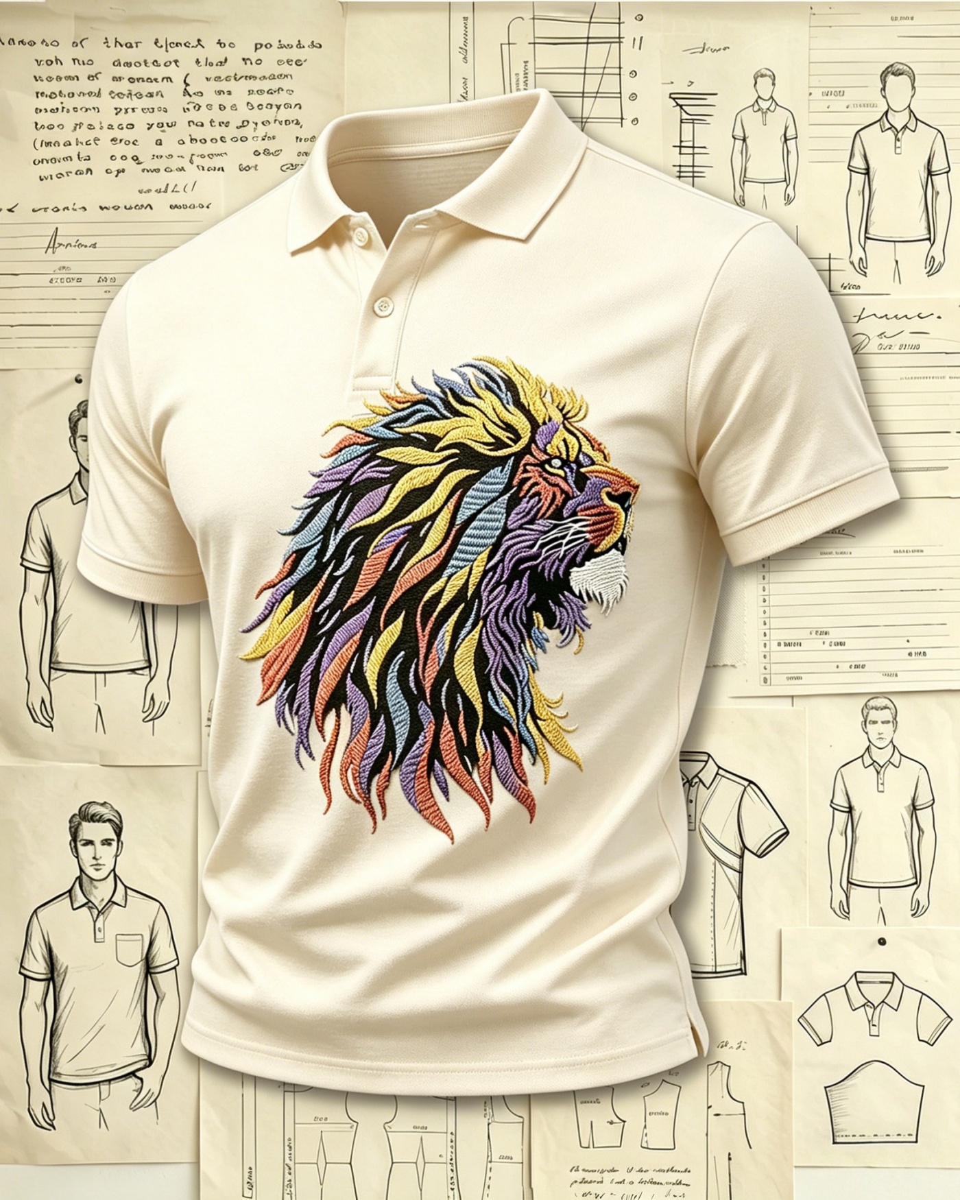 Vintage Wild Lion Embroidered Pattern Polo Shirts