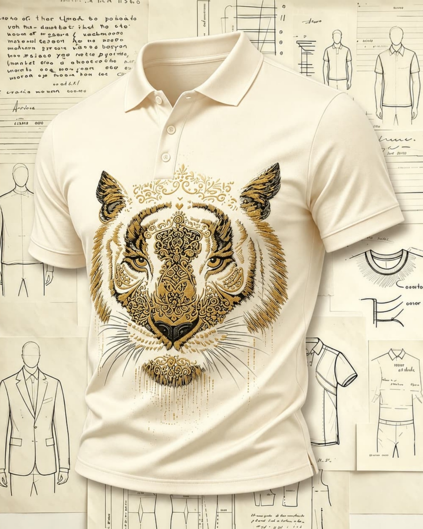 Oriental Vintage Tiger Embroidered Pattern Polo Shirts