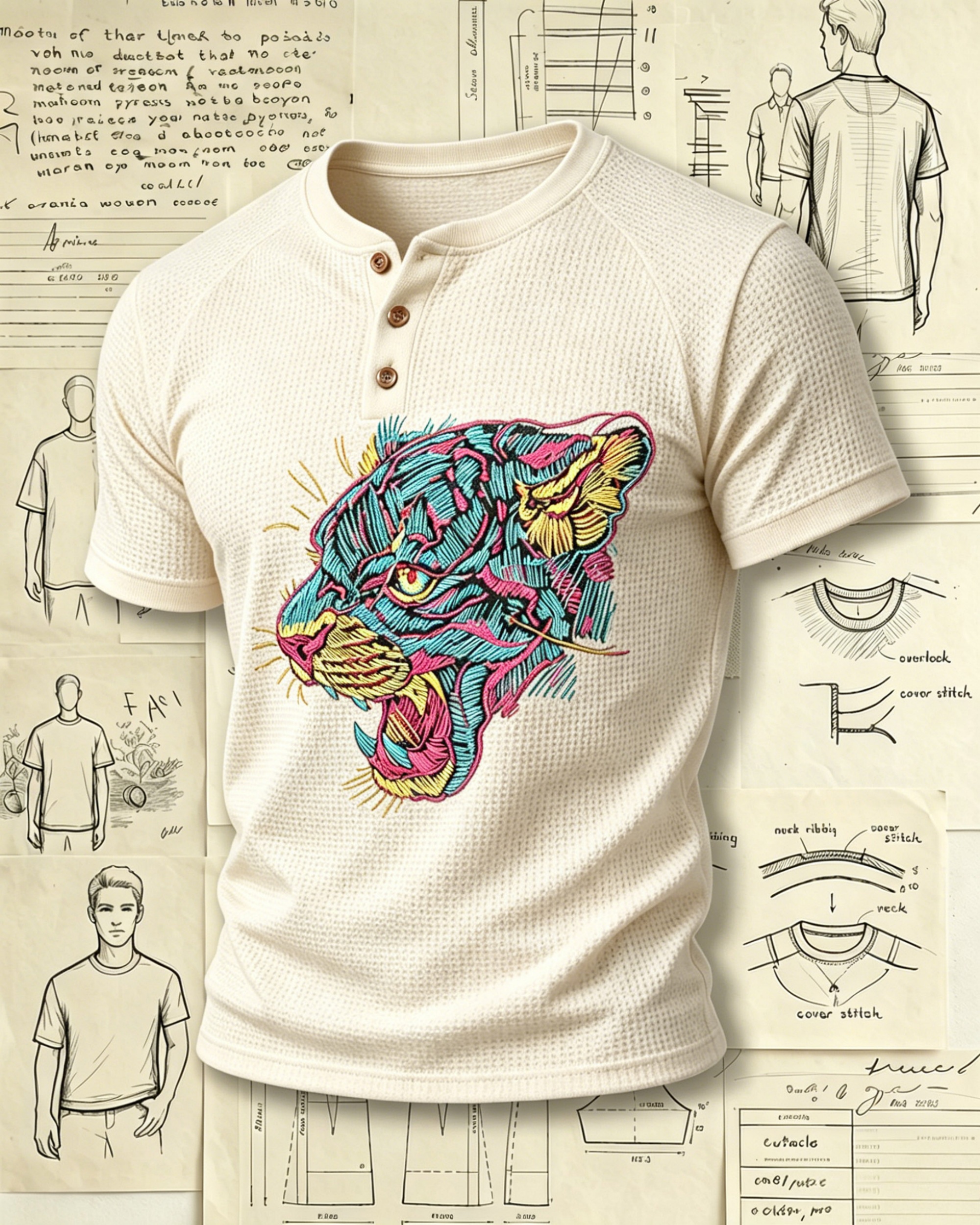 Neon Tiger Head Embroidered Pattern T-Shirts