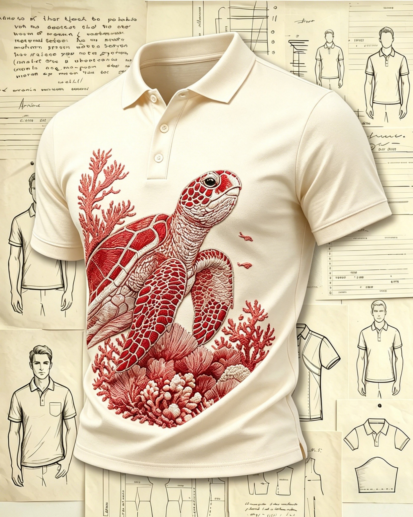 Ocean Coral Sea Turtle Embroidered Pattern Polo Shirts