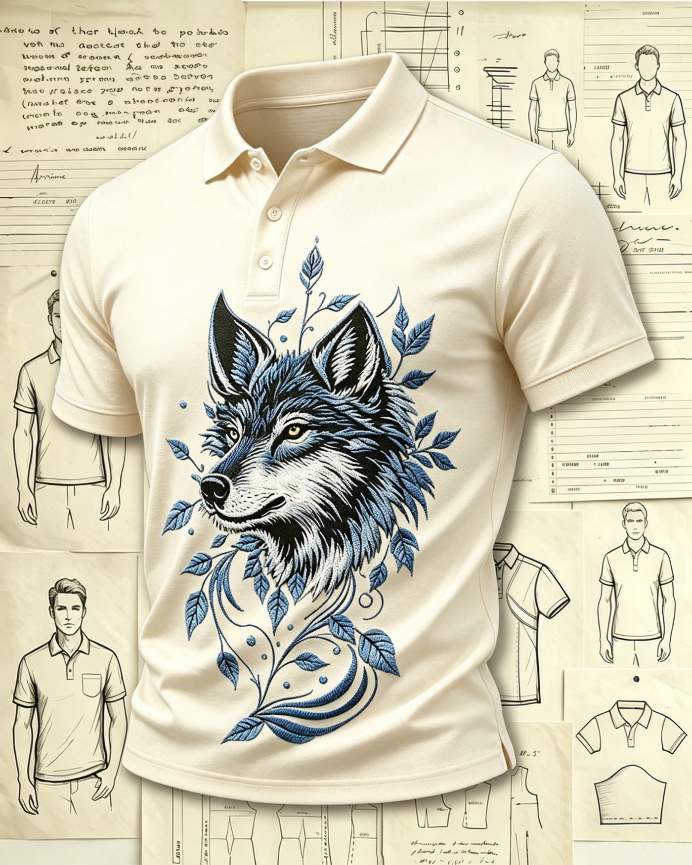 Vintage Floral Timber Wolf Embroidered Pattern Polo Shirts