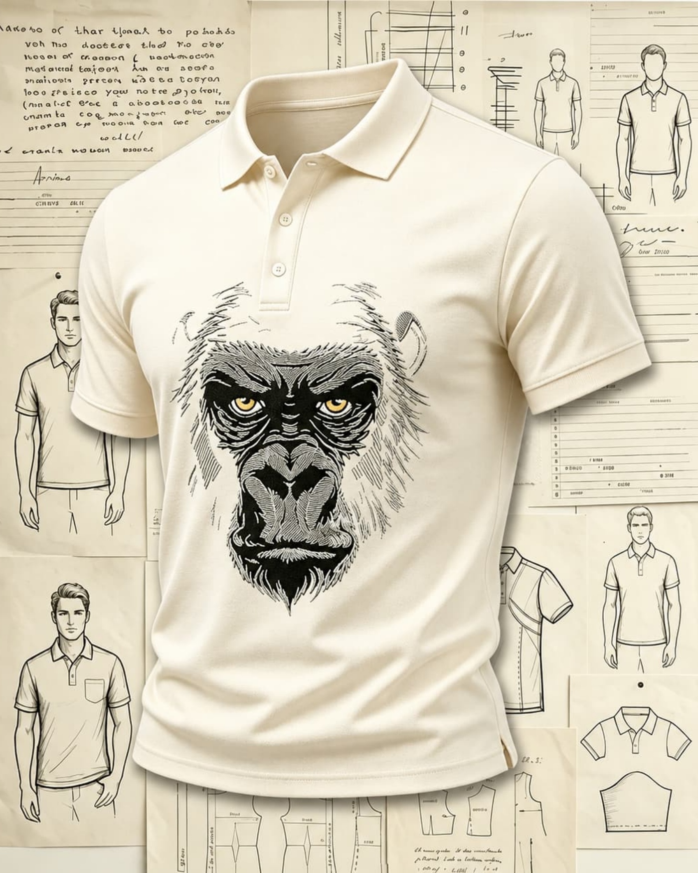 Jungle Vintage Gorilla Embroidered Pattern Polo Shirts