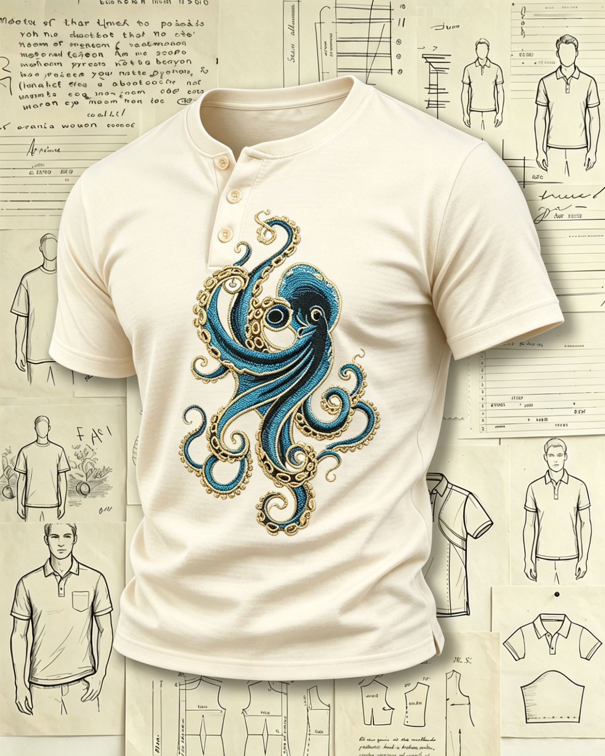Blue and Gold Octopus Embroidered Pattern Polo Shirts 