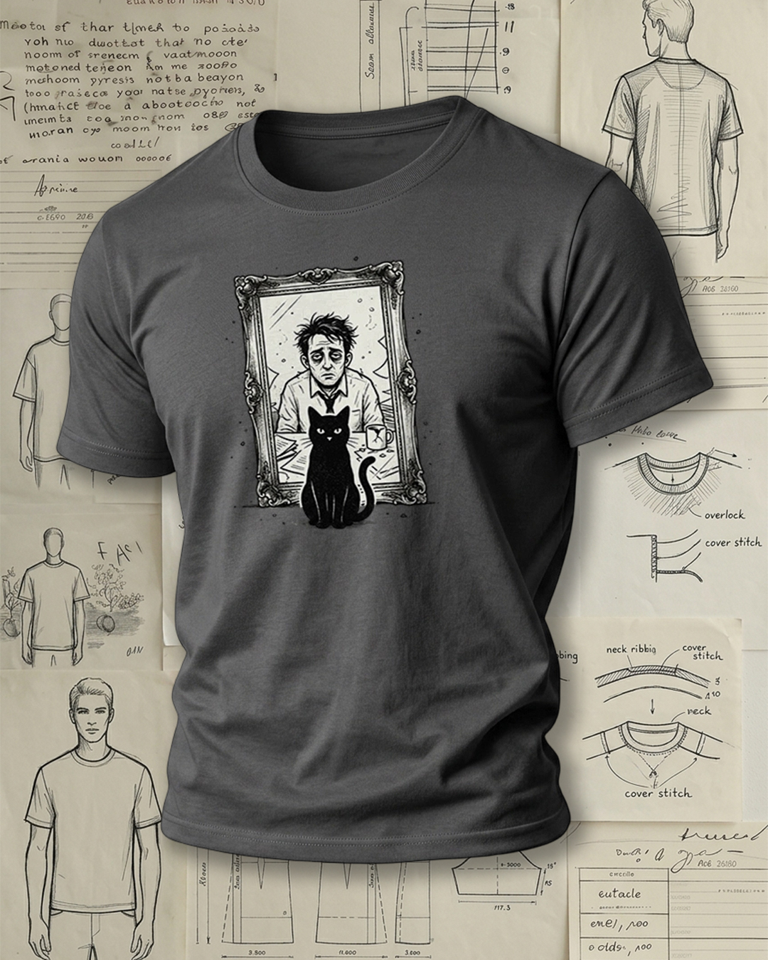 Spooky Cat & Framed Portrait Short-Sleeve T-Shirt