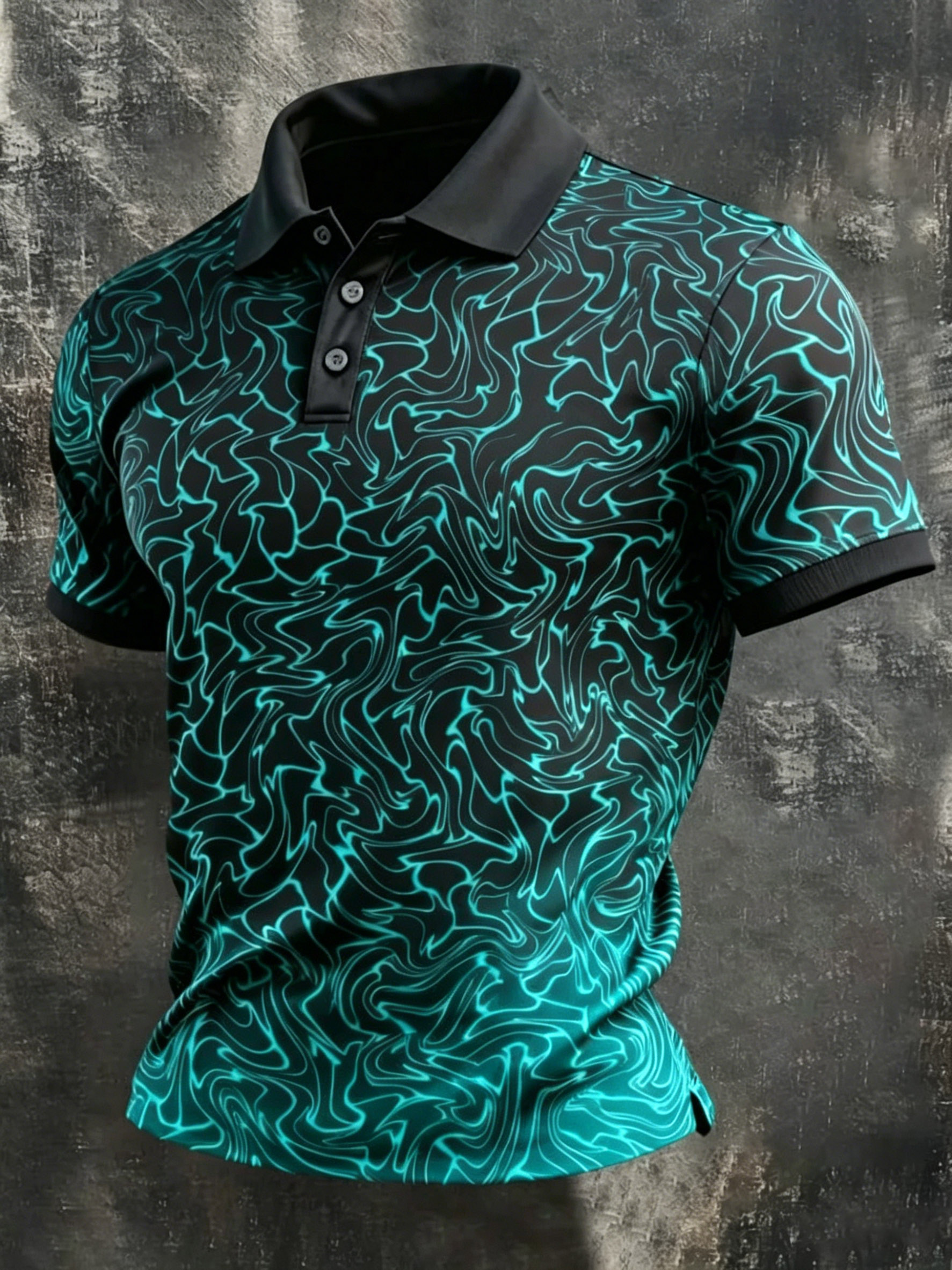 Black & Teal Abstract Performance Polo, Sporty Casual Wear