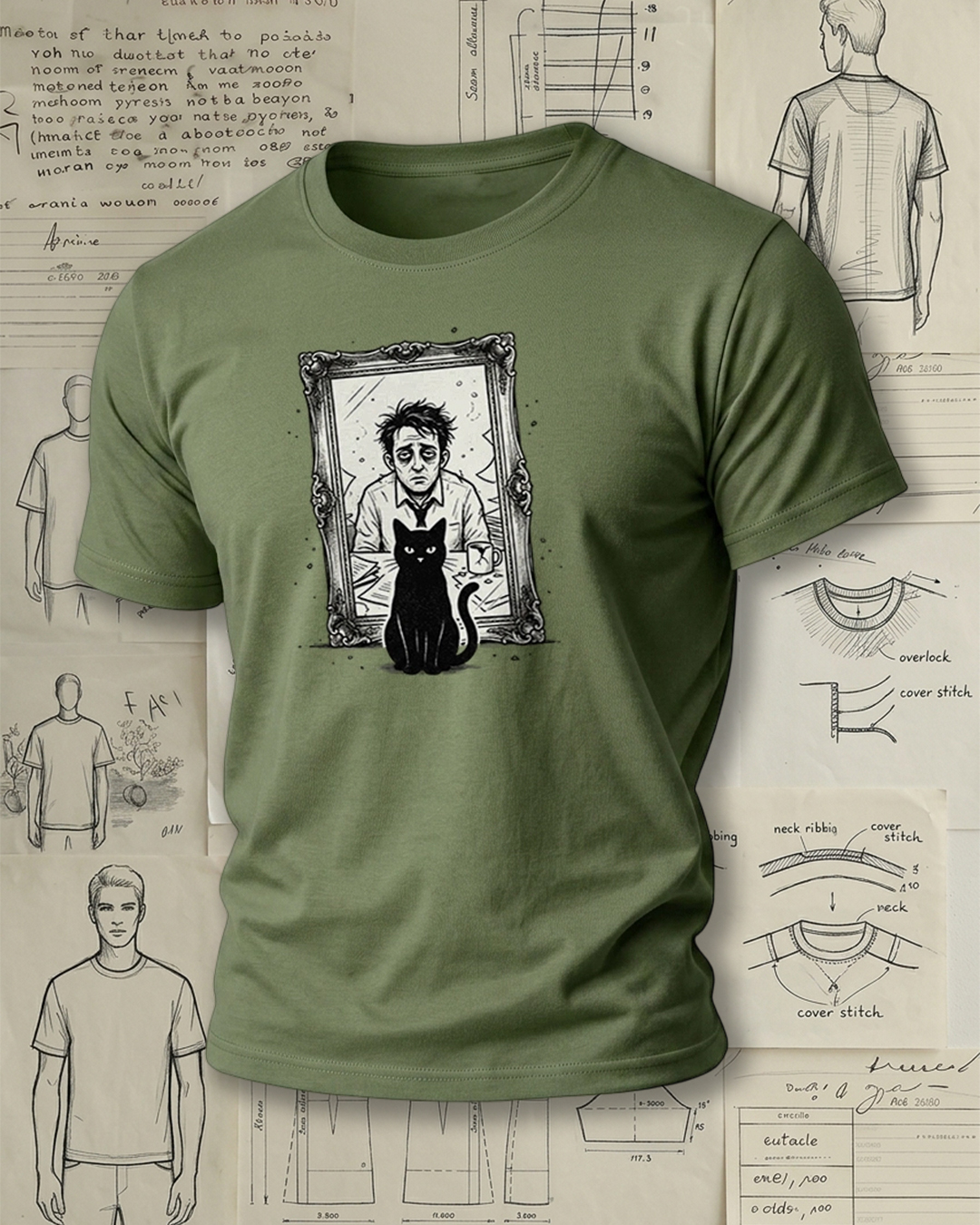 Spooky Cat & Framed Portrait Short-Sleeve T-Shirt