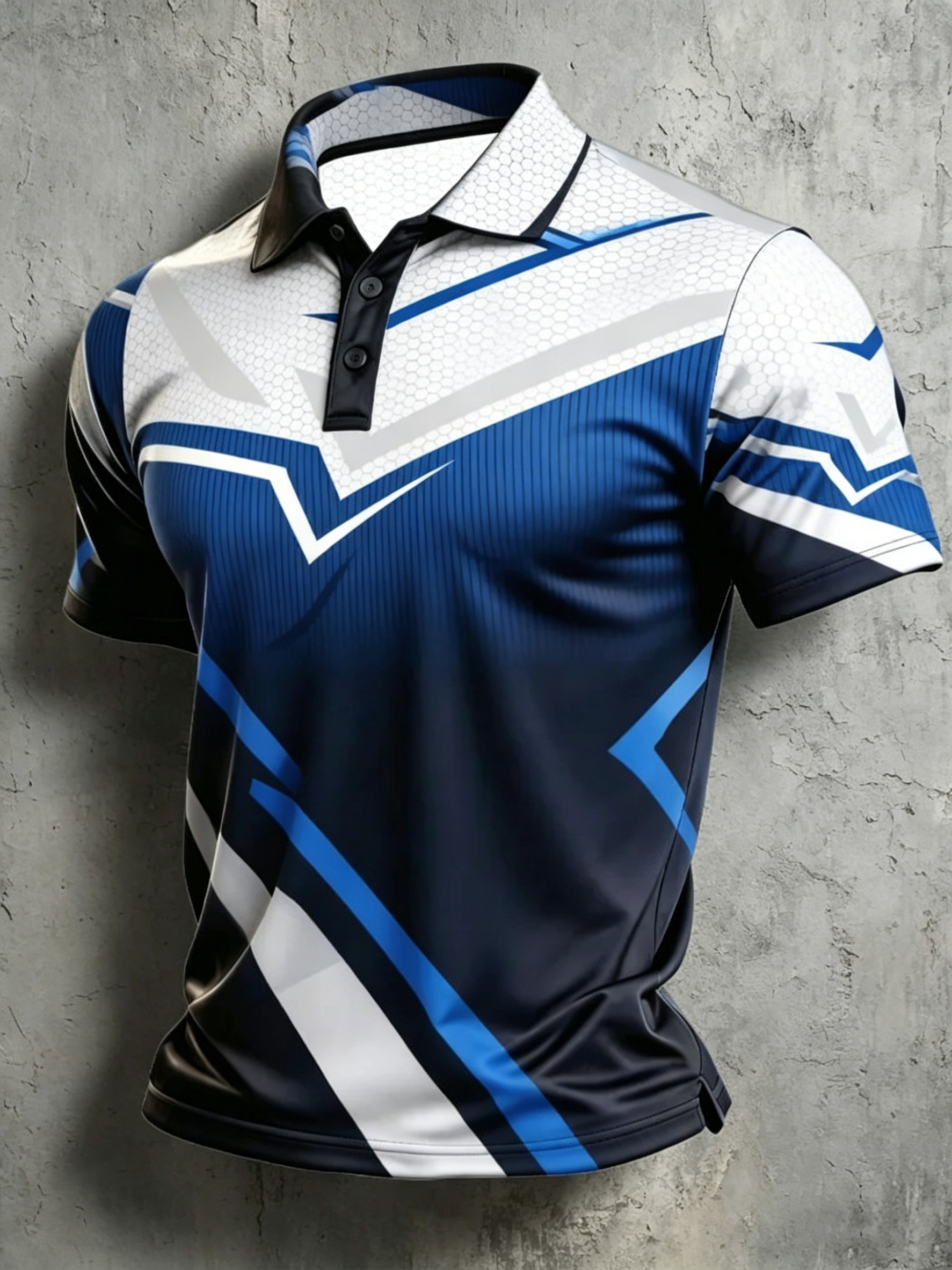 Men's Blue & White Geometric Gradient Polo, Streetwear Collared Top