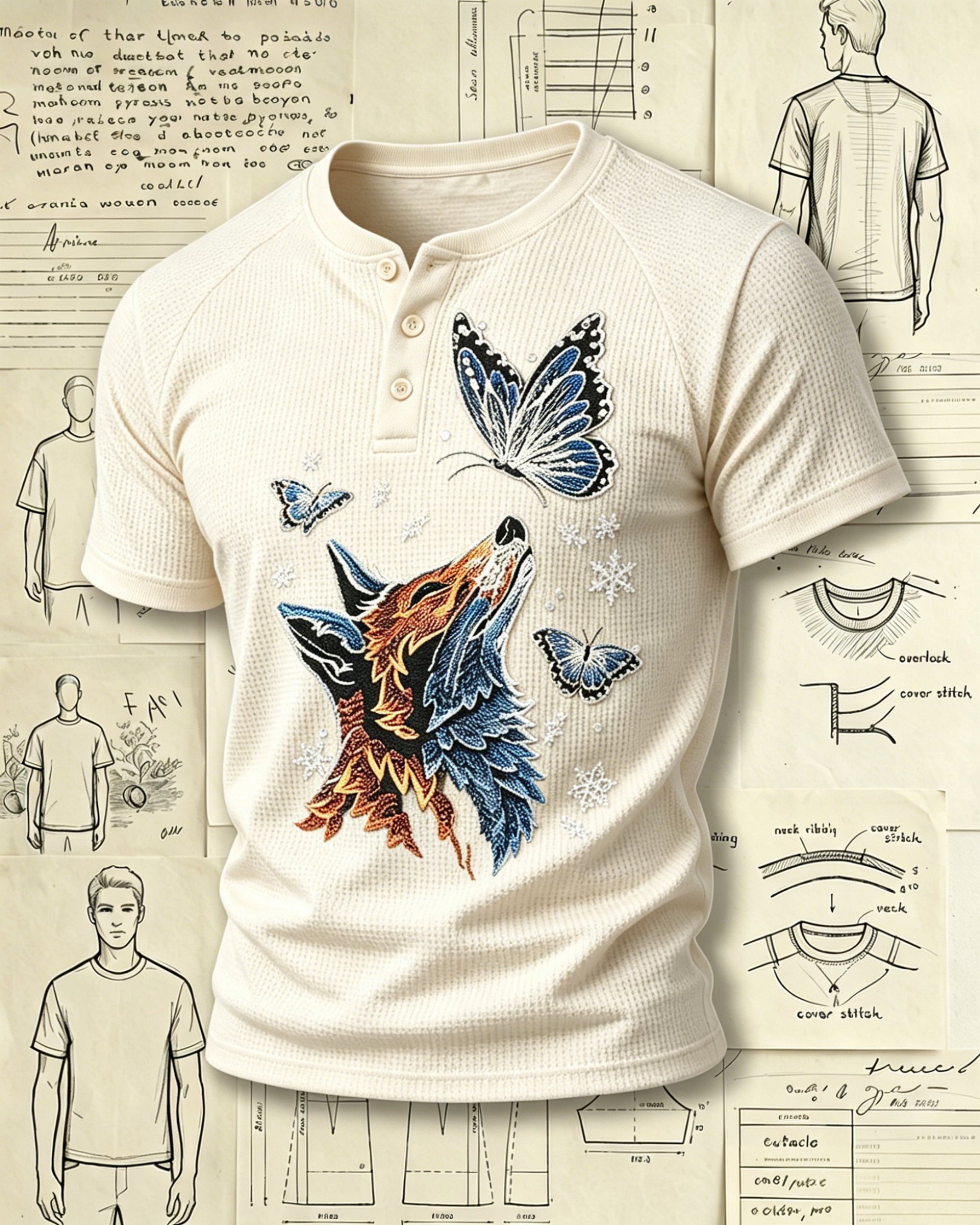 Wolf and Butterflies Embroidered Pattern Polo Shirts 