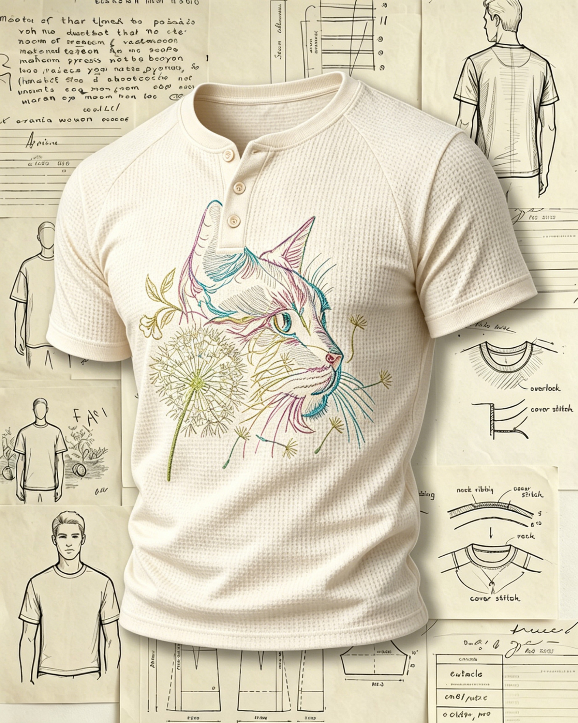 Colorful Cat & Dandelion Embroidered Pattern Polo Shirts