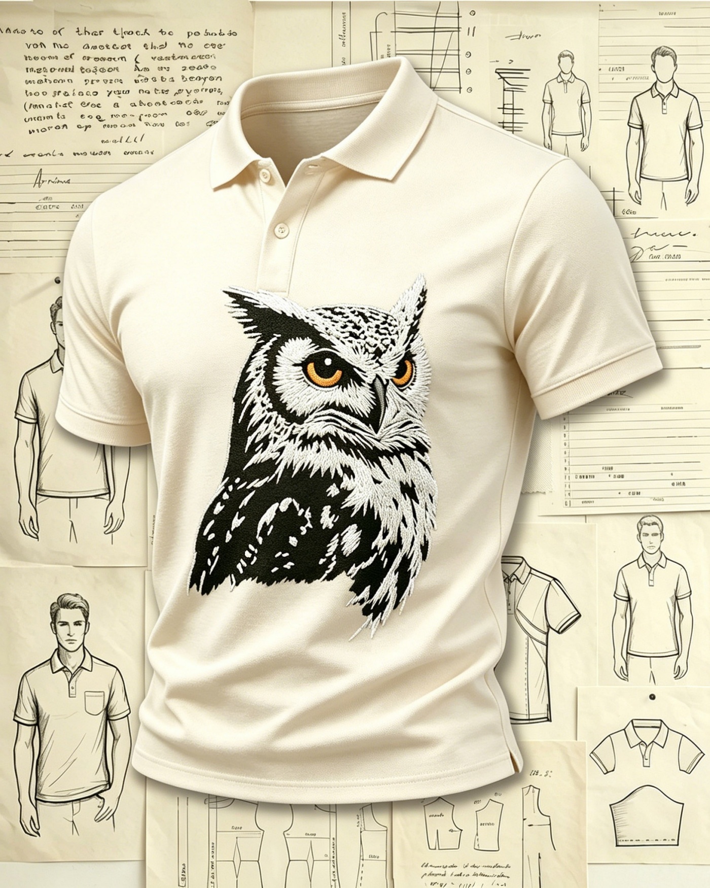 Nocturnal Forest Owl Embroidered Pattern Polo Shirts