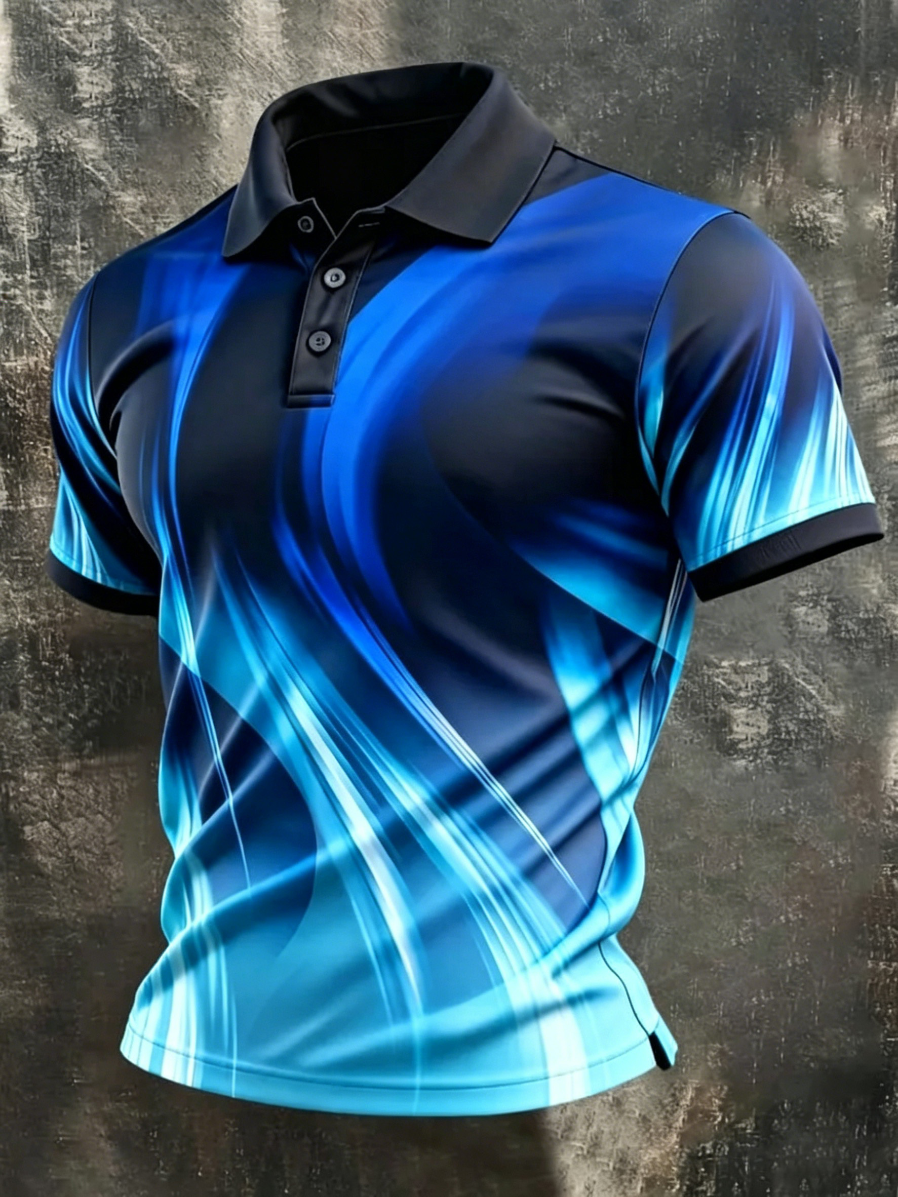 Men's Blue Wave Gradient Polo, Modern Athletic Golf Shirt