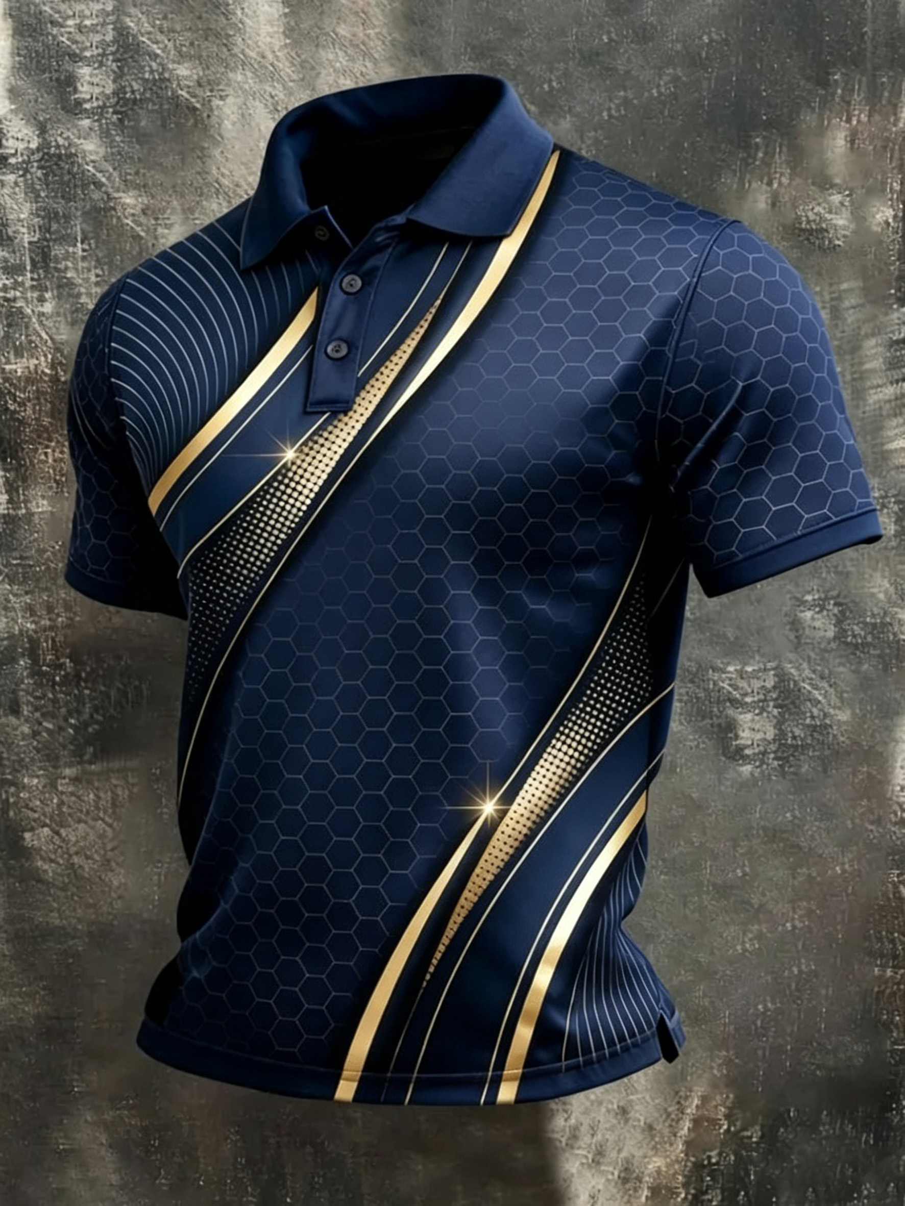 Honeycomb Texture Gold Accent Casual Polo Shirt
