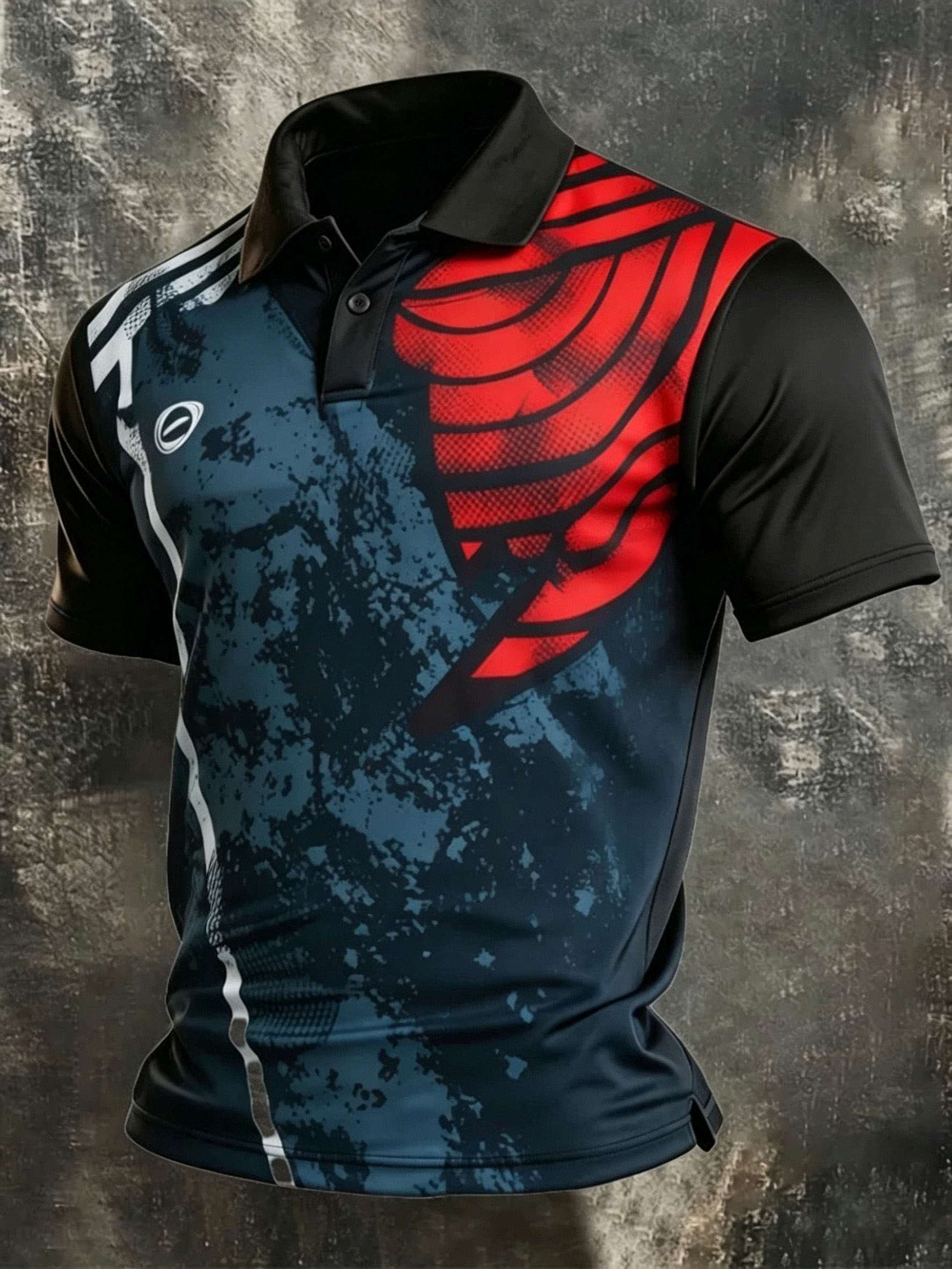 Men's Red & Black Abstract Graphic Polo, Modern Streetwear Collared Top