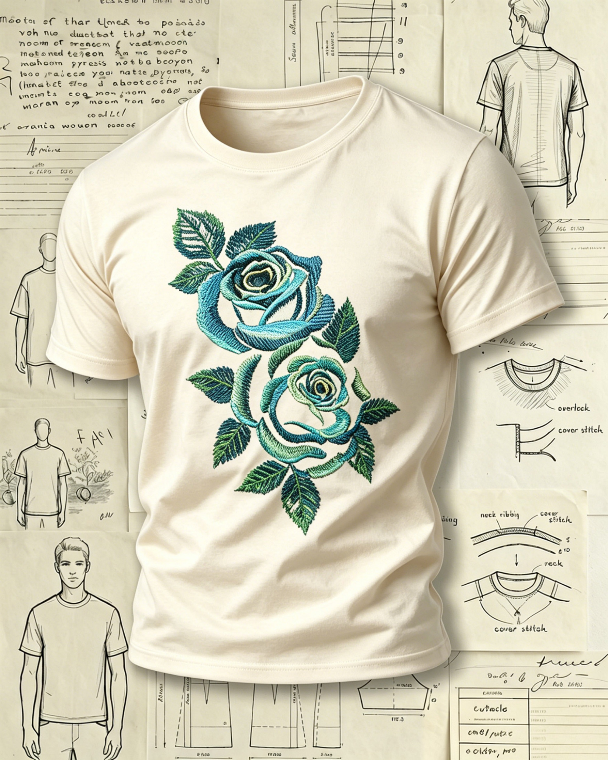 Blue Rose Floral Embroidered Pattern T-Shirts