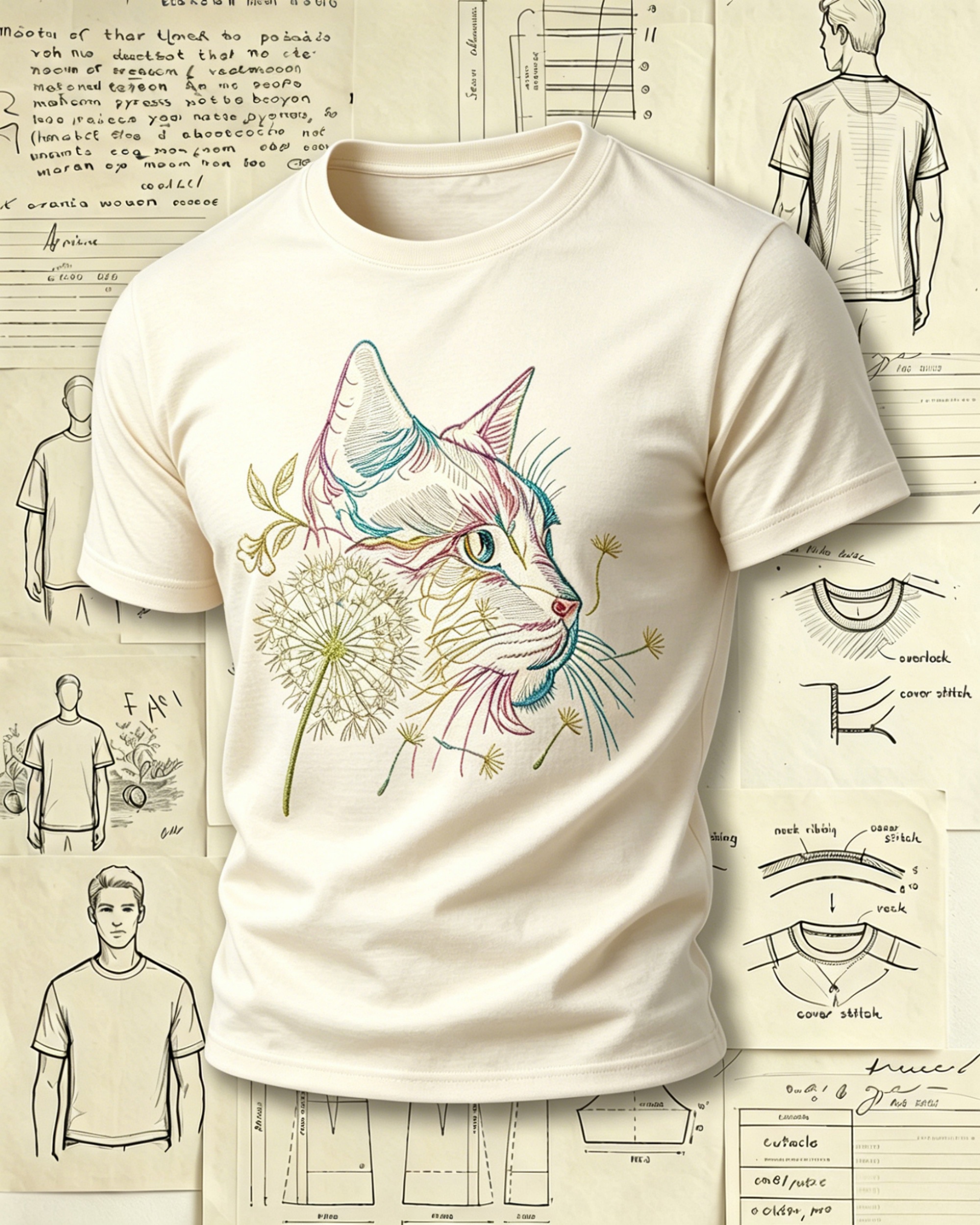 Colorful Cat & Dandelion Embroidered Pattern T-Shirts
