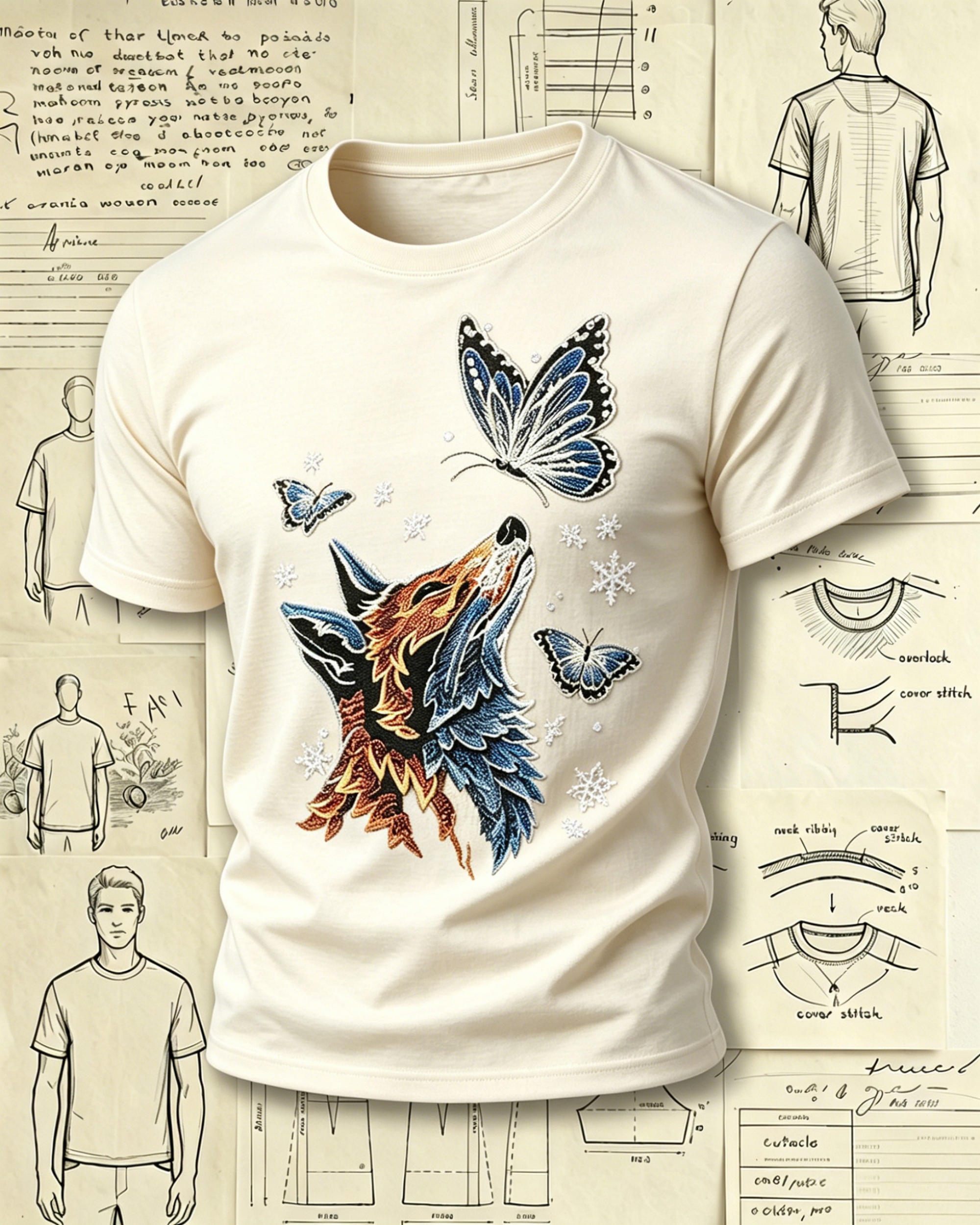 Fox and Butterflies Embroidered Pattern T-Shirts