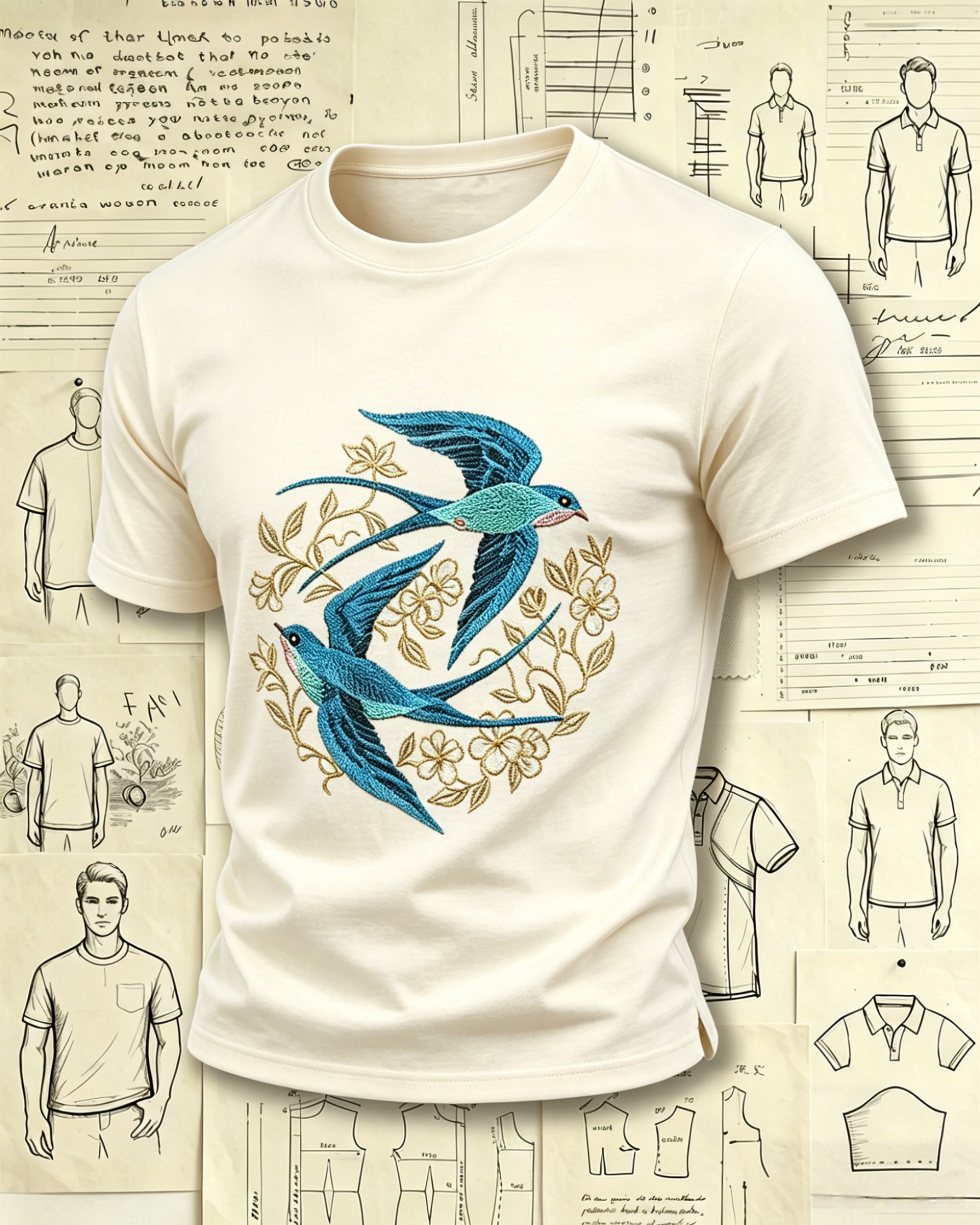 Swallows and Floral Vines Embroidered Pattern T-Shirts