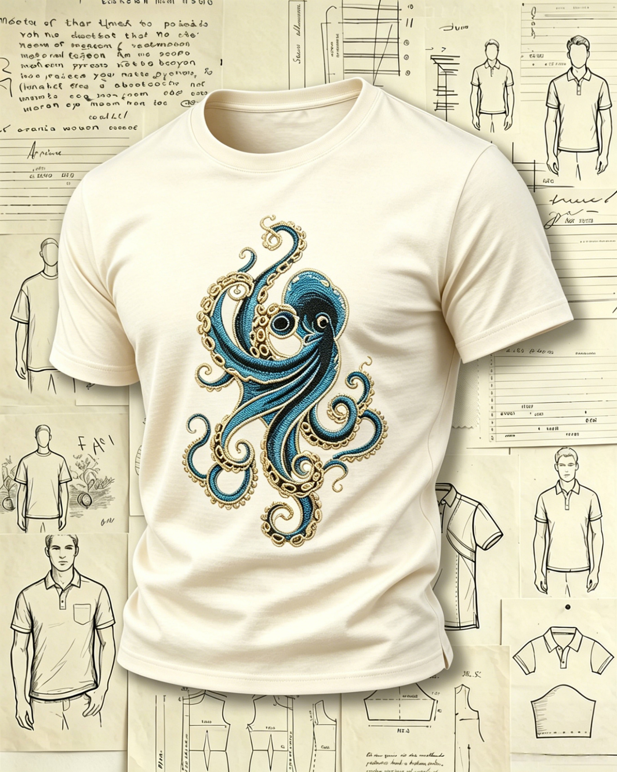 Blue and Gold Octopus Embroidered Pattern T-Shirts