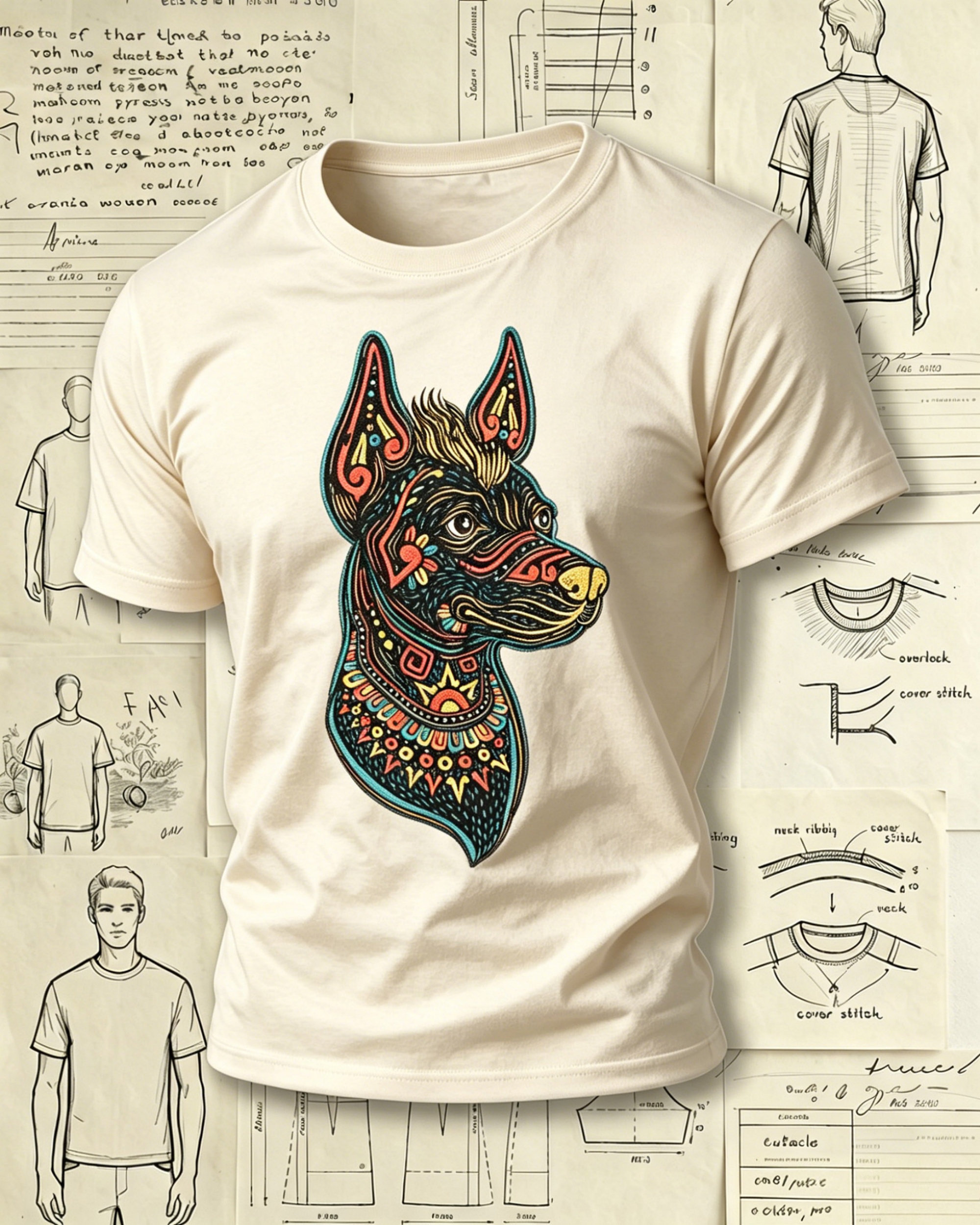 Aztec Style Dog Head Embroidered Pattern T-Shirts