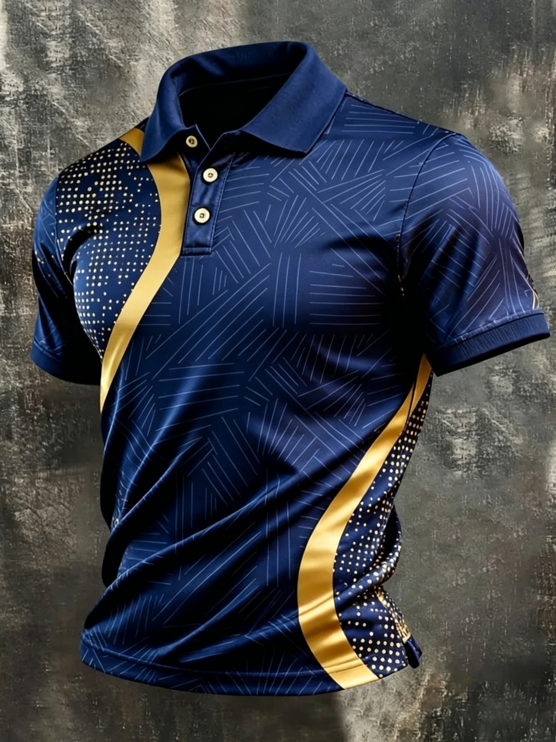 Abstract Diagonal Print Polo, Elegant Gold Dot & Line Collared Top