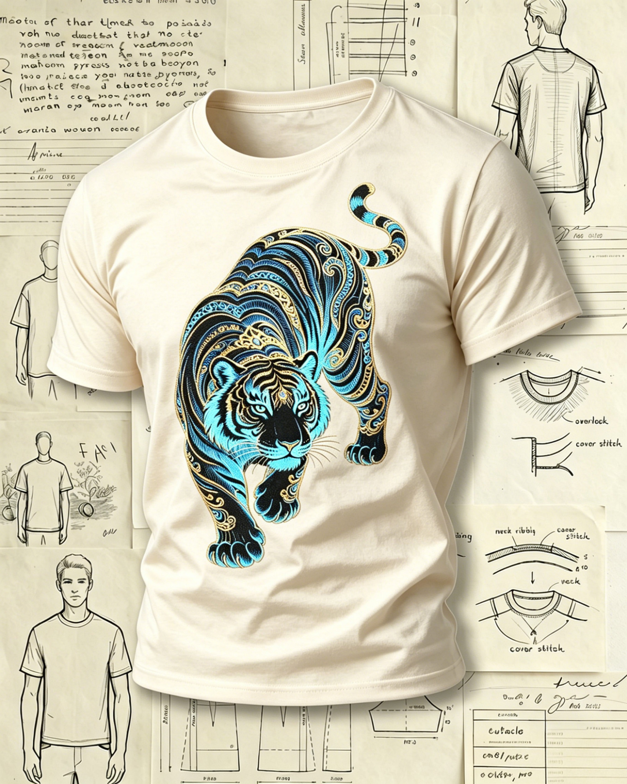 Tribal Tiger Embroidered Pattern T-Shirts