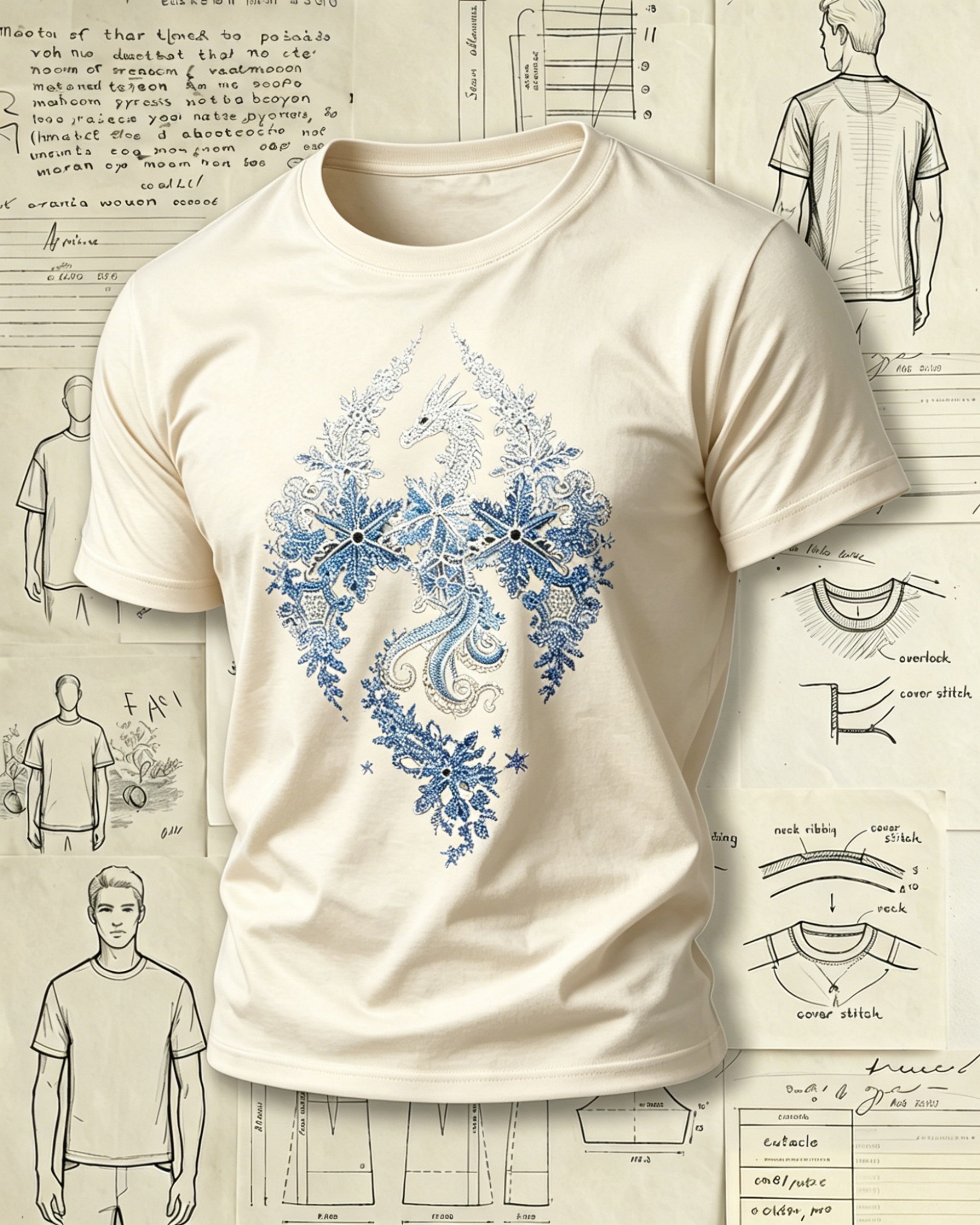 Ice Dragon and Snowflakes Embroidered Pattern T-Shirts