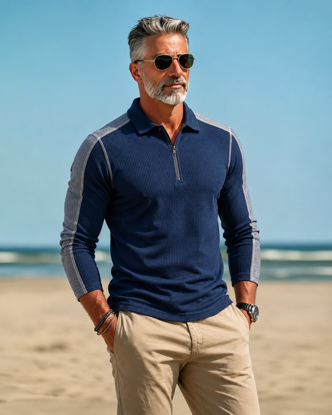 Men's Navy and Heather Grey Waffle Knit Slim Fit Smart Casual No-Print Half-Zip Long Sleeve Polo Shirt