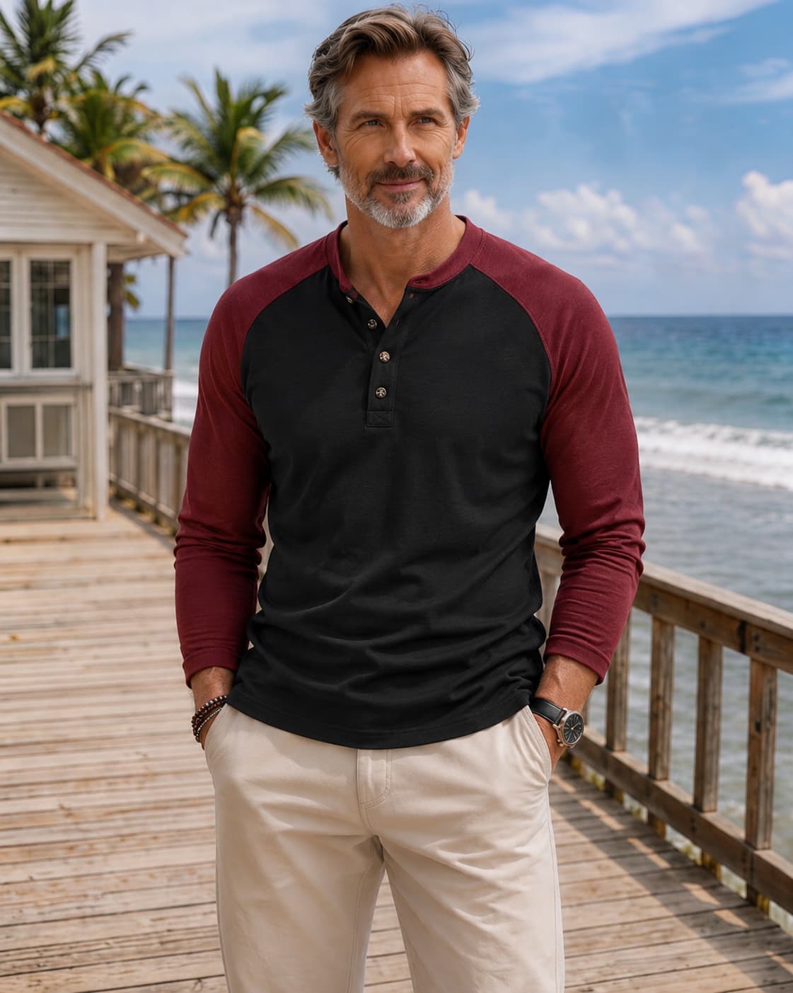 Men's Black and Wine Red Raglan Slim Fit Street Casual No-Print Henley Long Sleeve T-Shirt